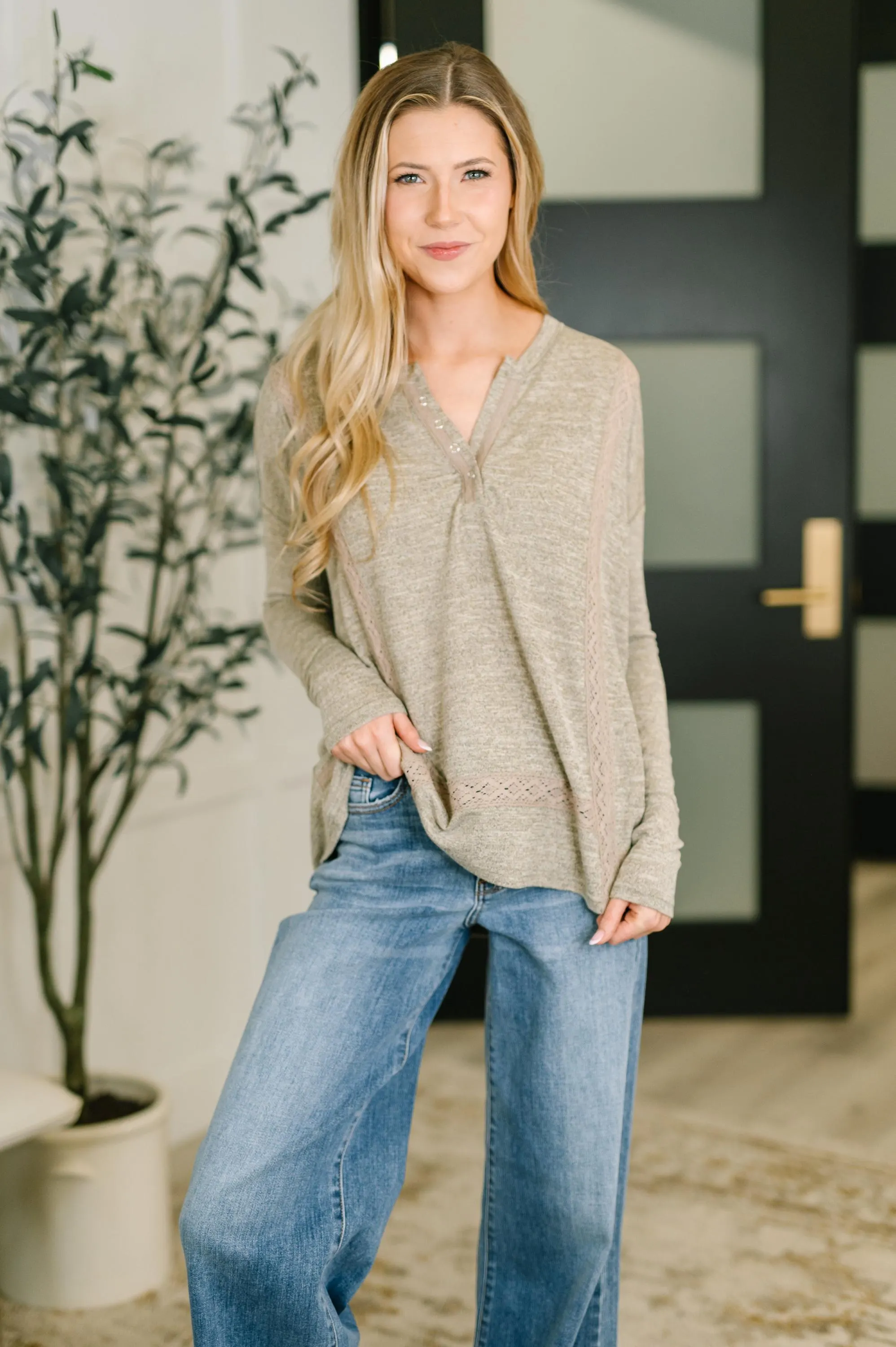 Never Been so Sure Lace Accent Henley Top in Taupe