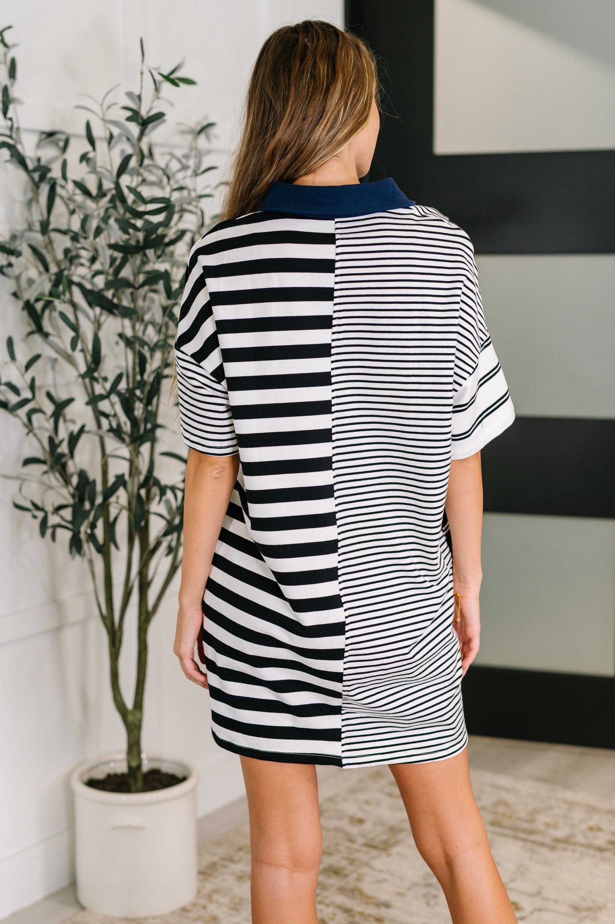 Everlasting Love Striped Collared Dress in Black and Navy — view 5