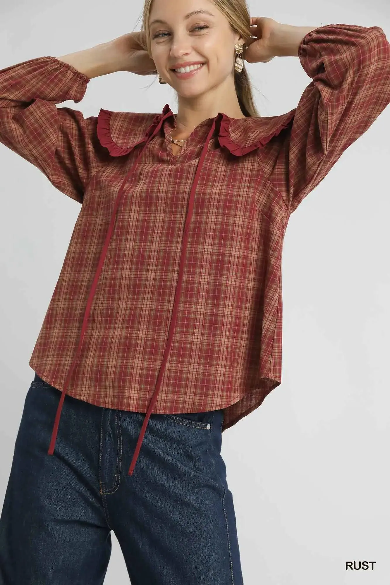 Cider Season Plaid Ruffle Collar Cotton Blouse Vintage — view 2