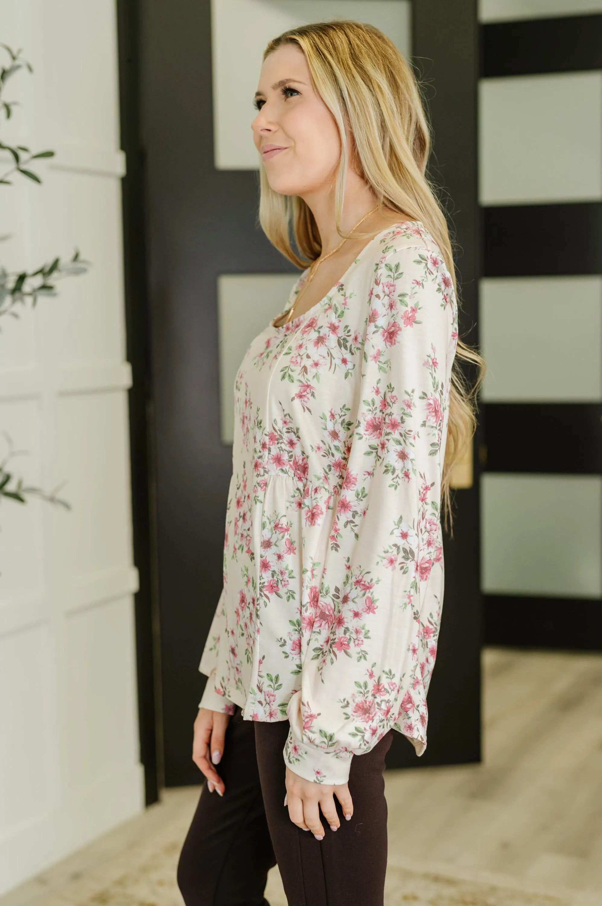 Floral Blouse - Square Neck, Long Sleeve Jersey Knit — view 5