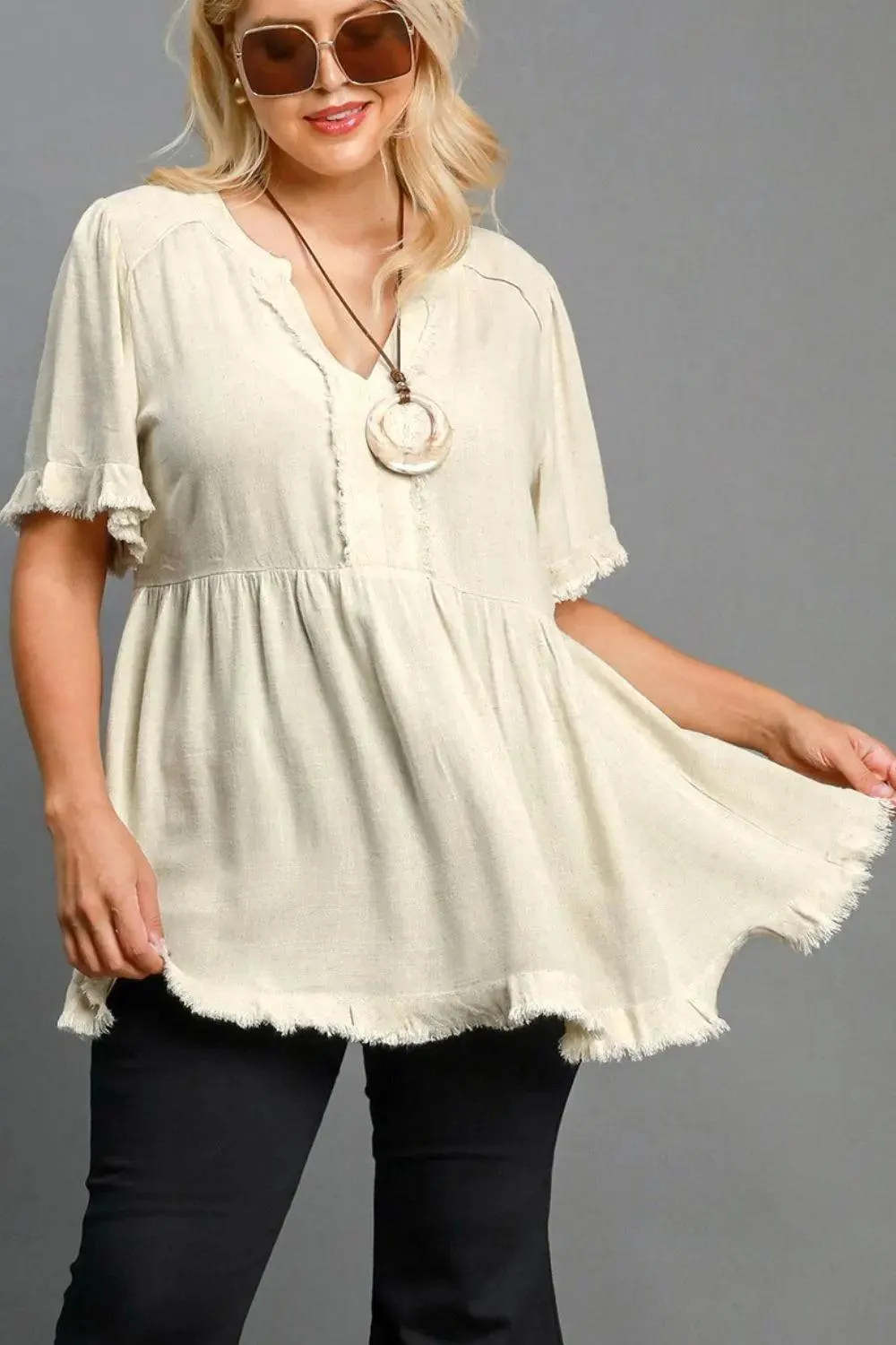 Dreamy Days Raw Hem Babydoll Linen Blouse