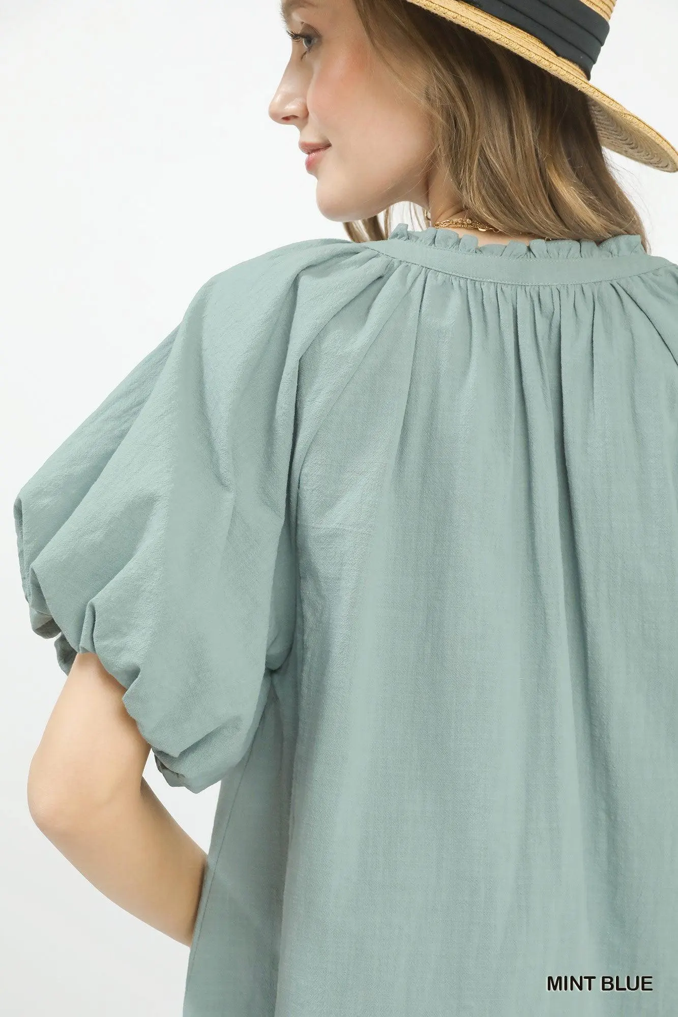 Sweet Mint Lace Puffy Sleeve Cotton Blouse — view 4