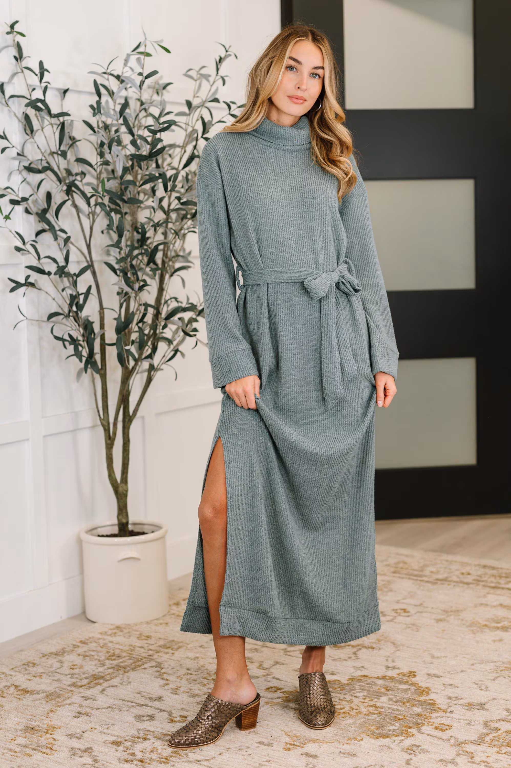 Sweater Dress Travel Plush Knit Maxi Dress in Soft Teal