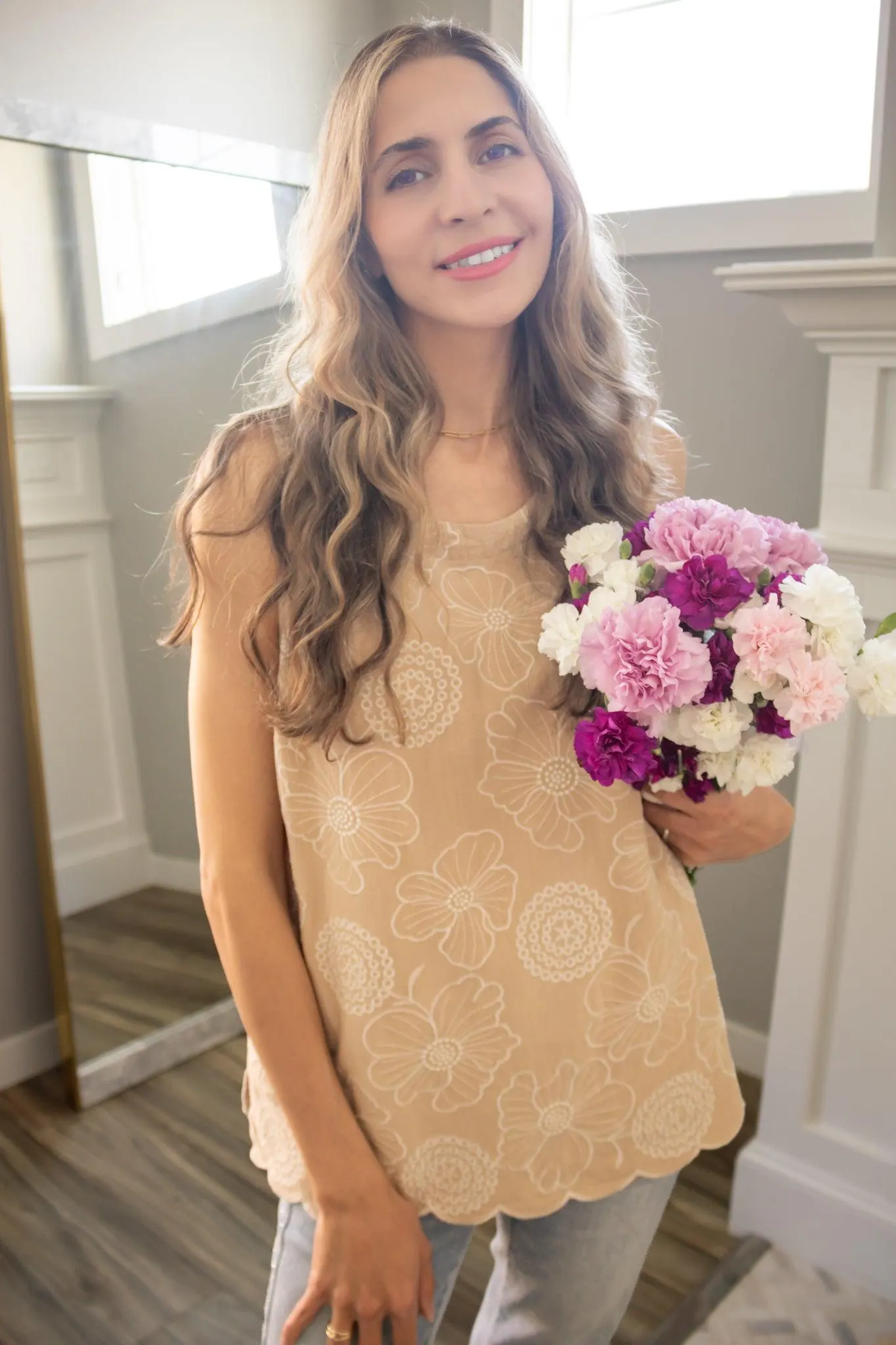 Floral Embroidery Linen Top in Sand — view 9