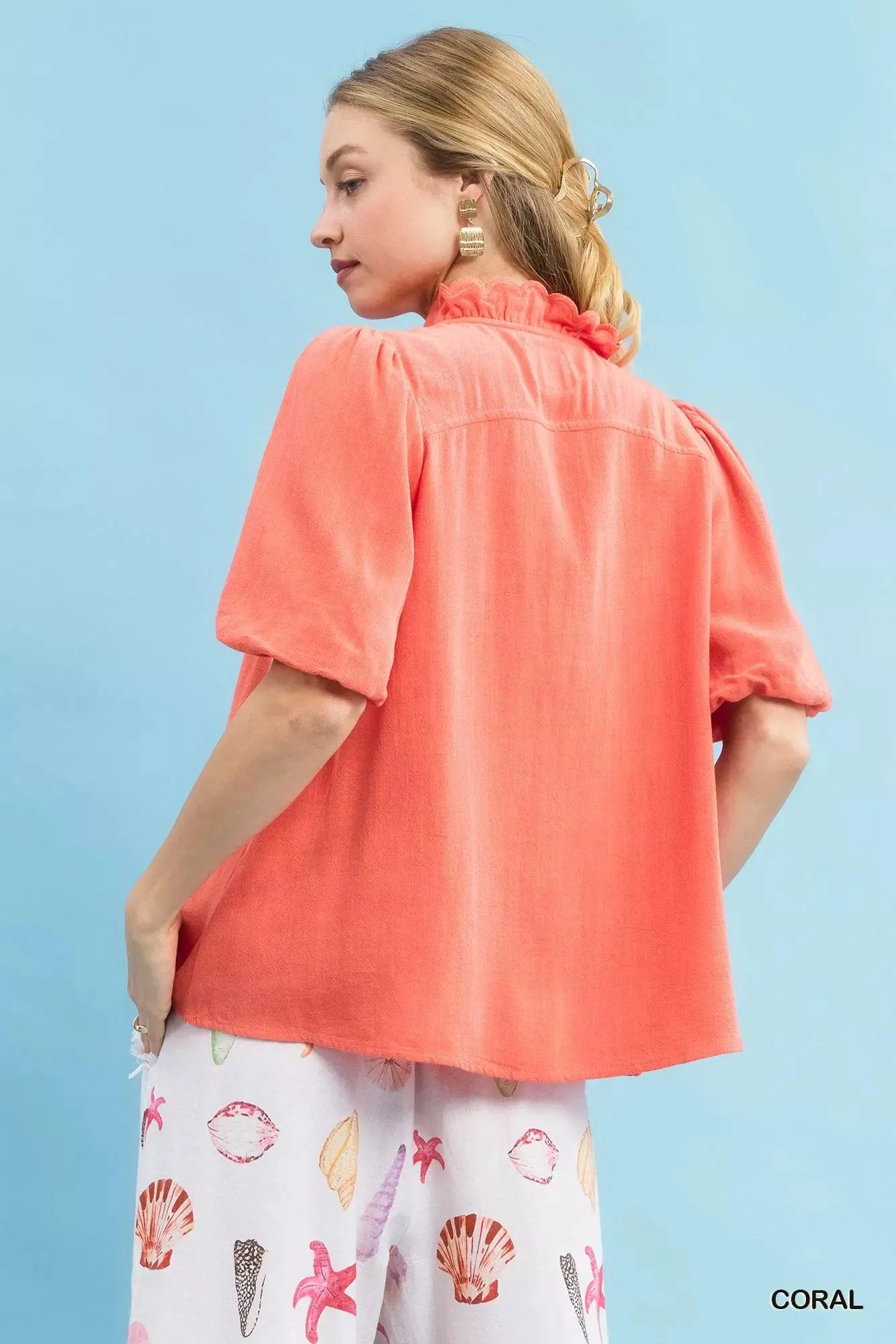 Coral Reef Linen Scallop Ruffle Blouse — view 4