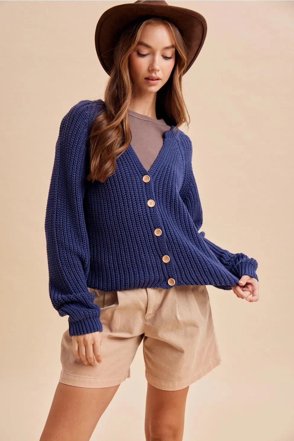 Autumn Harvest Chunky Knit Cotton Cardigan in Heritage Blue — view 3