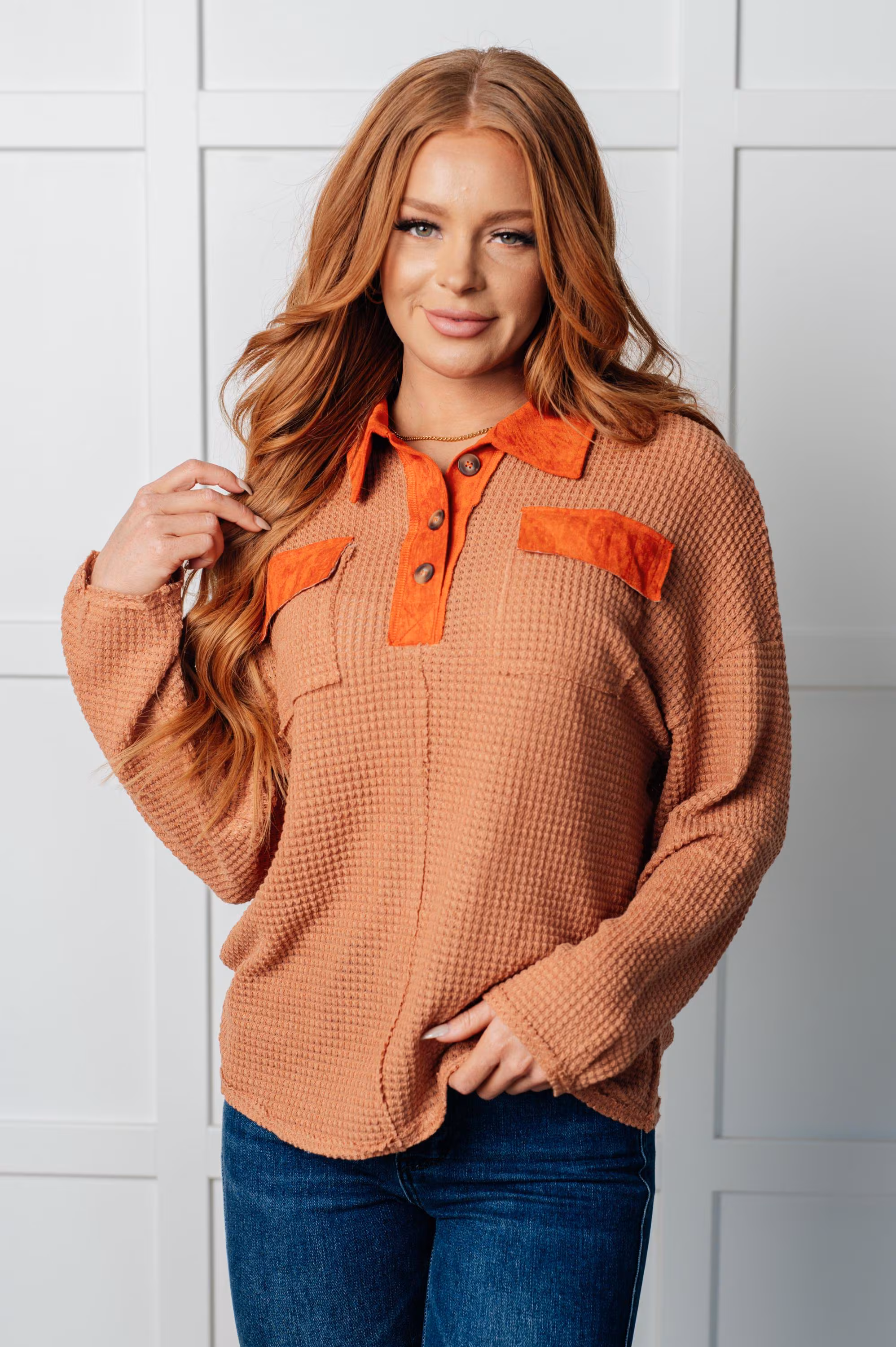 Autumn Top Can't Imagine Why Waffle Knit Contrast Trim Top