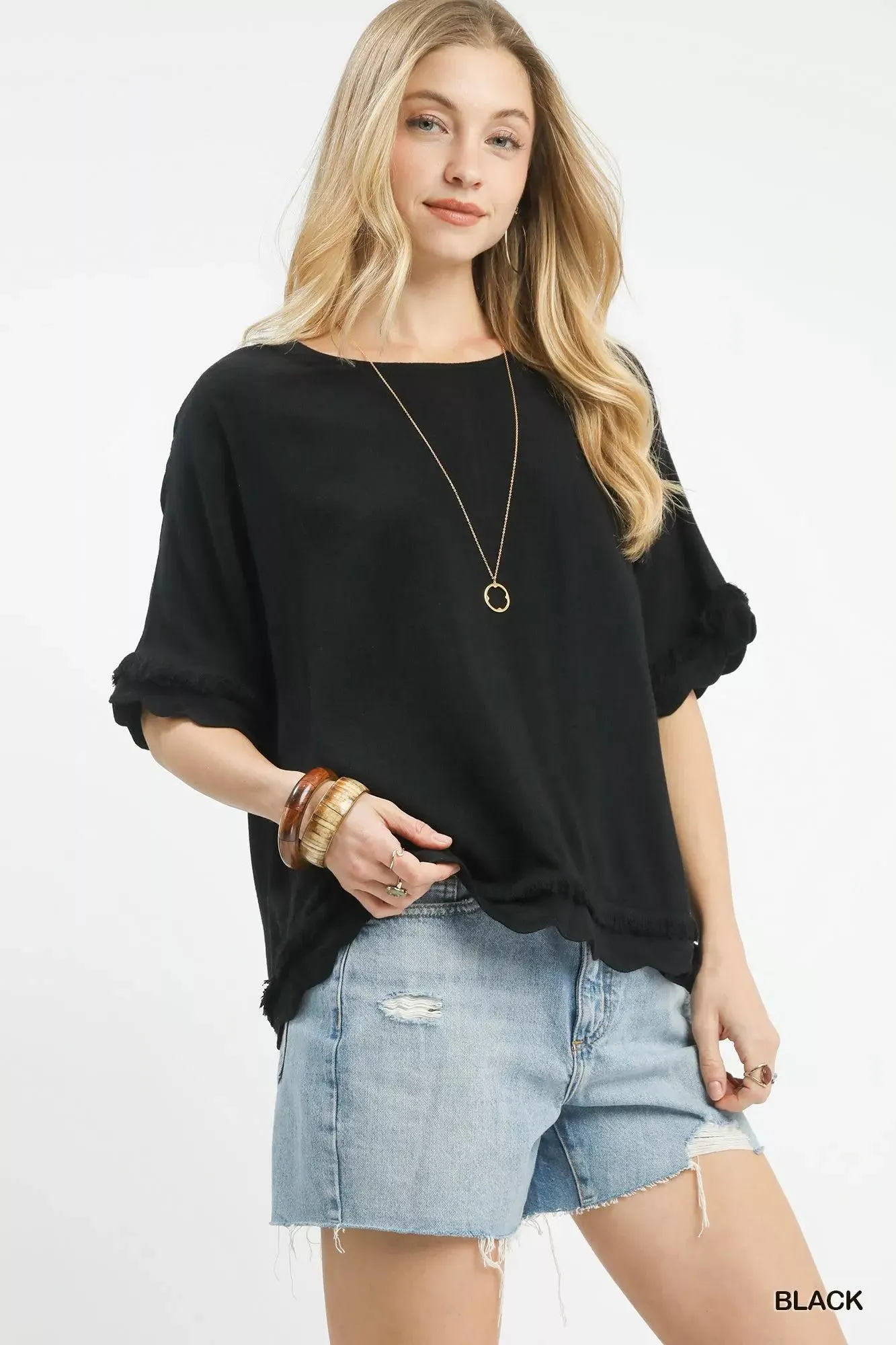 Midnight Linen Frayed Hem Scallop Top — view 2