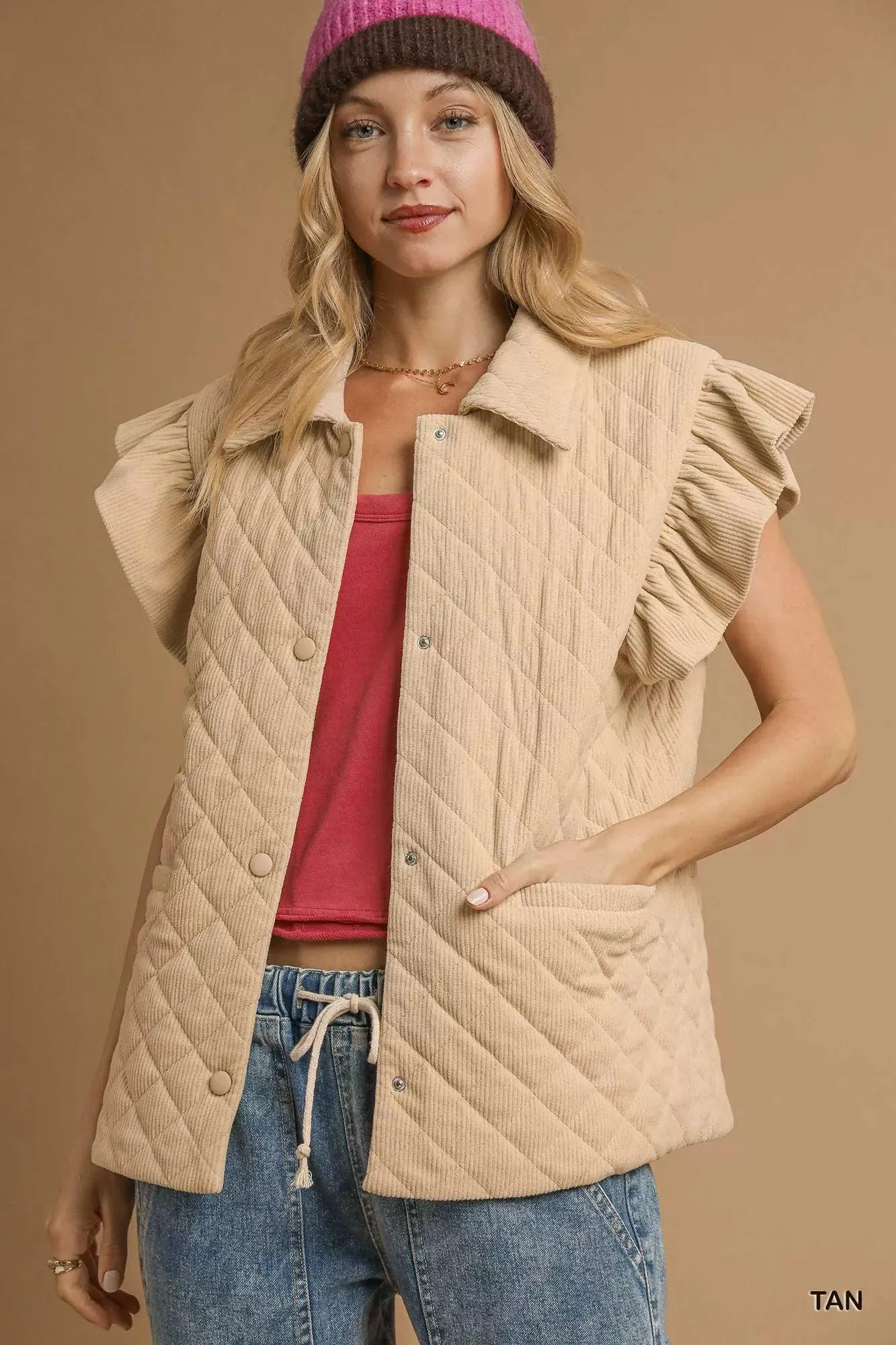 Quilted Cozy Corduroy Ruffle Vest in Beige
