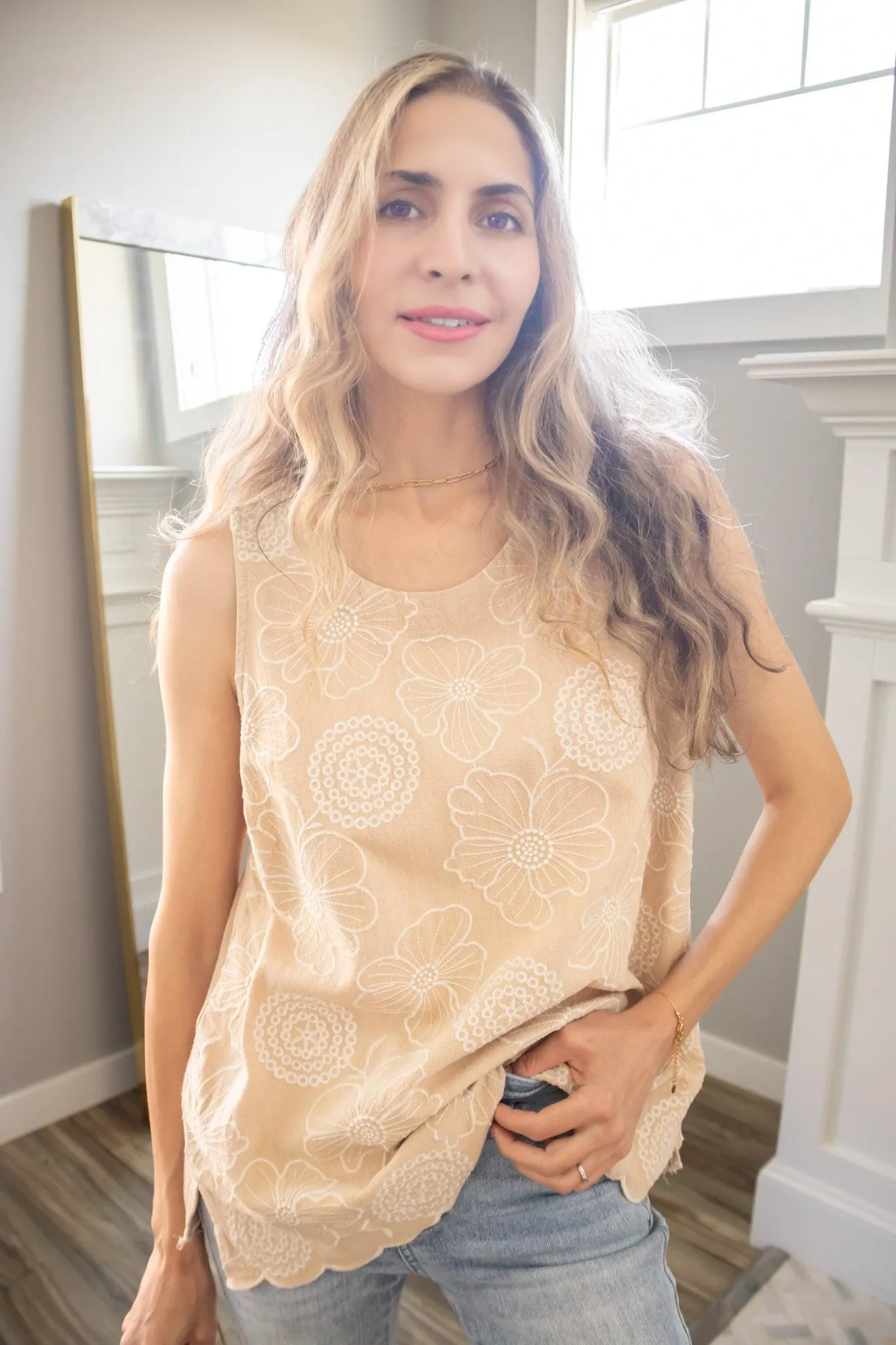 Floral Embroidery Linen Top in Sand — view 5