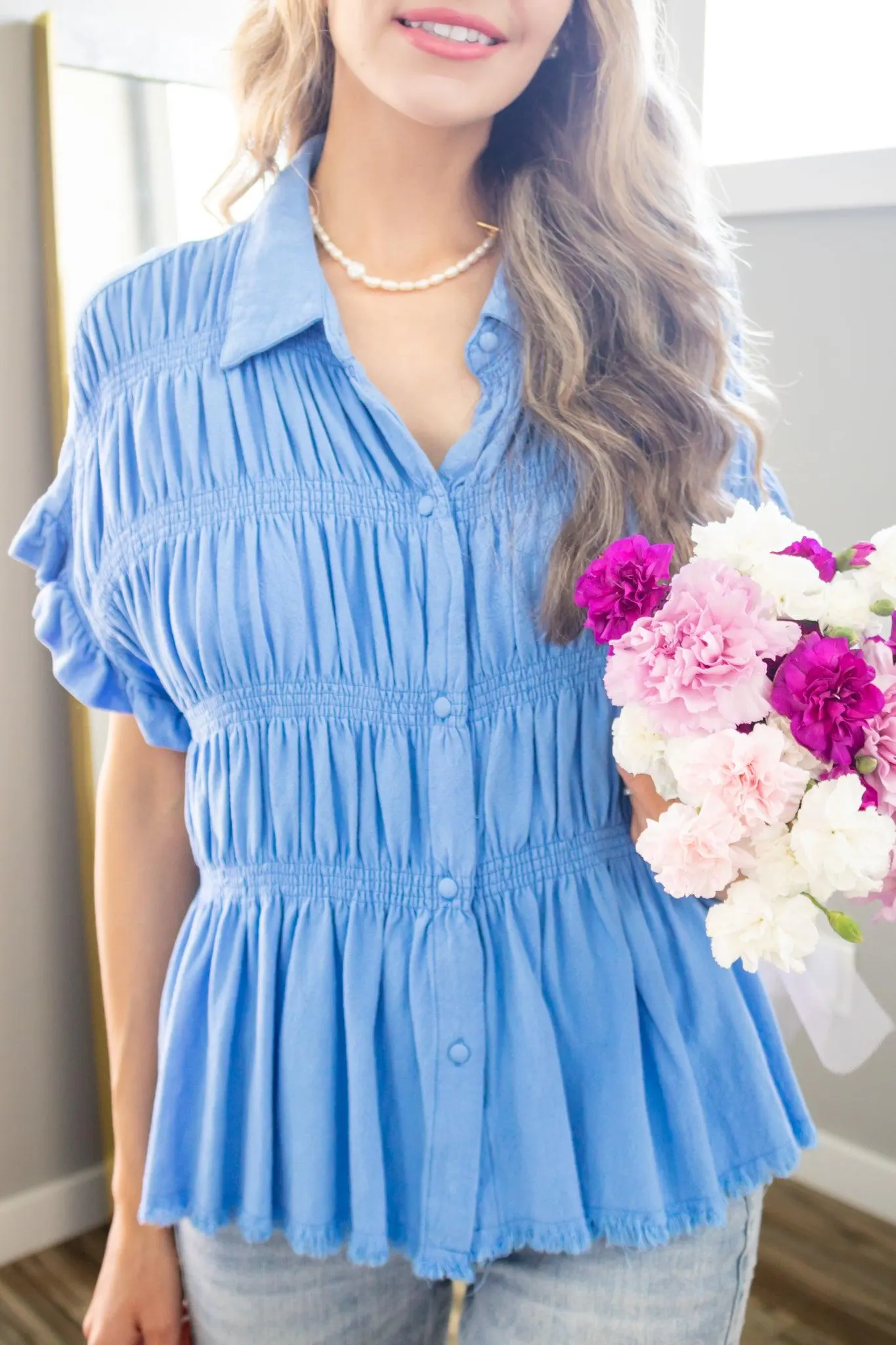 Petunia Washed Linen Smocked Babydoll Top — view 6