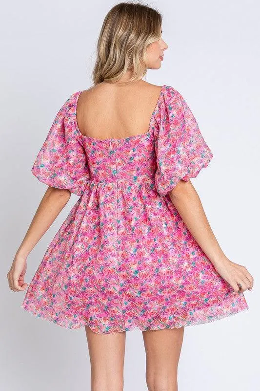 Sequin Swifty Floral Blush Babydoll Dress in Pink — view 6