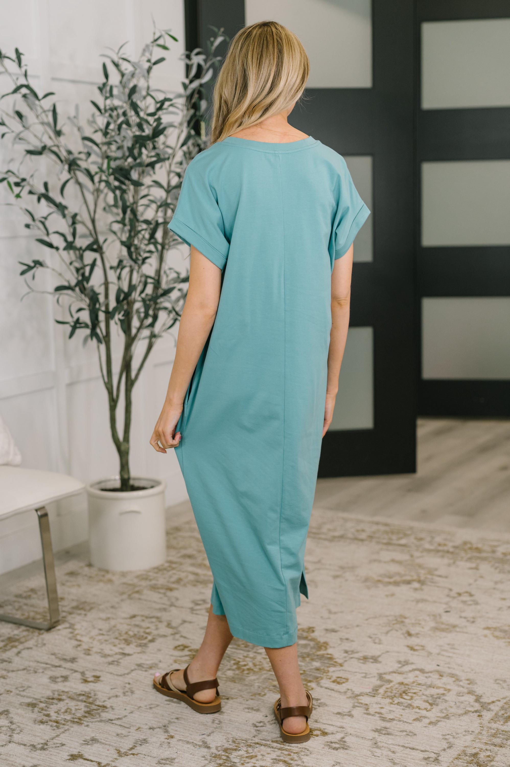 Fix You Right up Short Sleeve Midi Dress in Dusty Teal — view 4