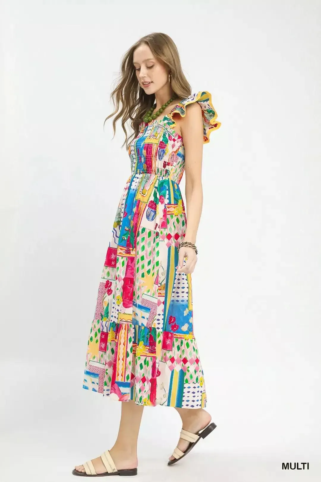 Whimsy Smocked 100 Cotton Ruffle Midi Dress — view 9