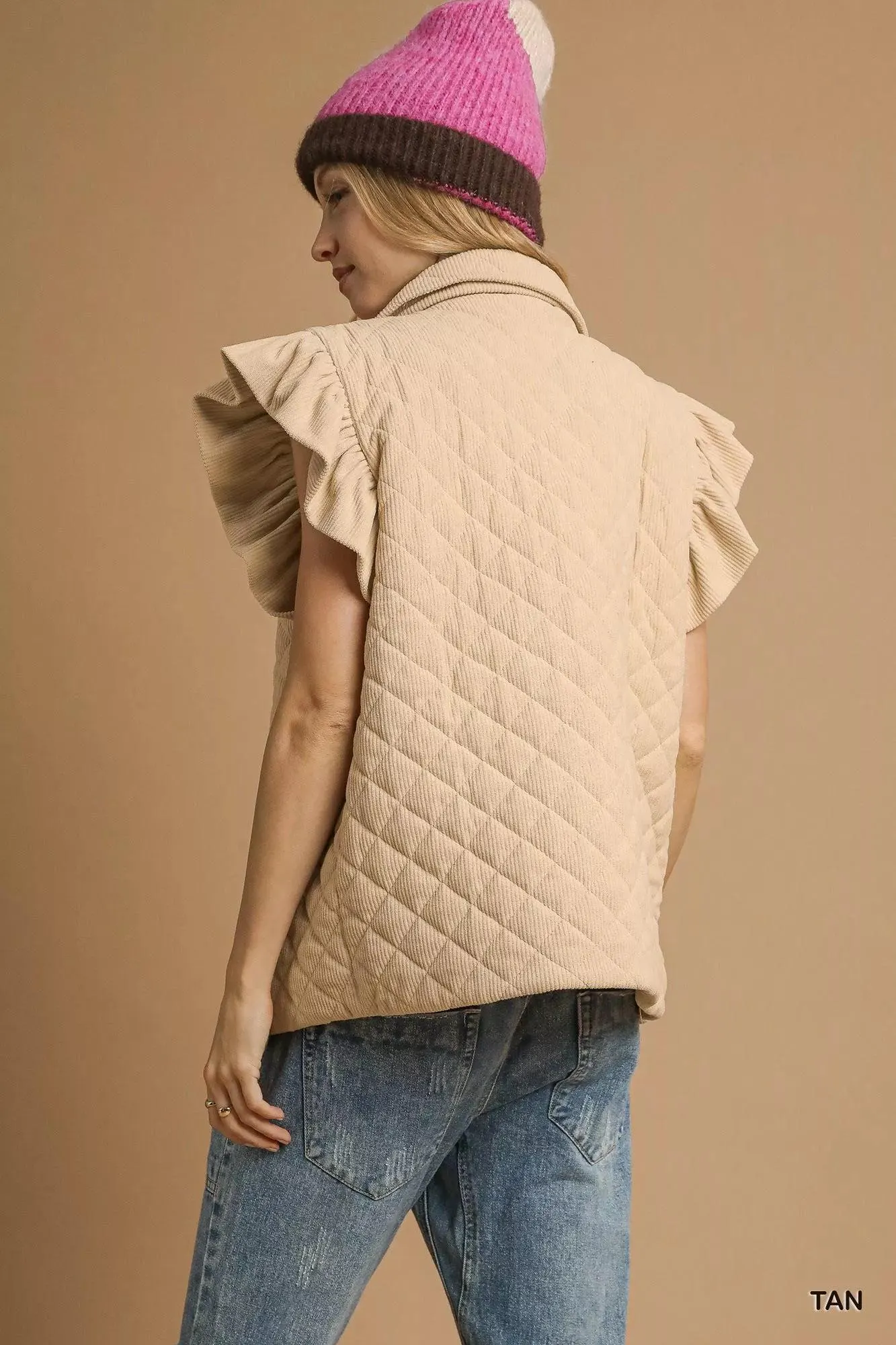 Quilted Cozy Corduroy Ruffle Vest in Beige — view 2