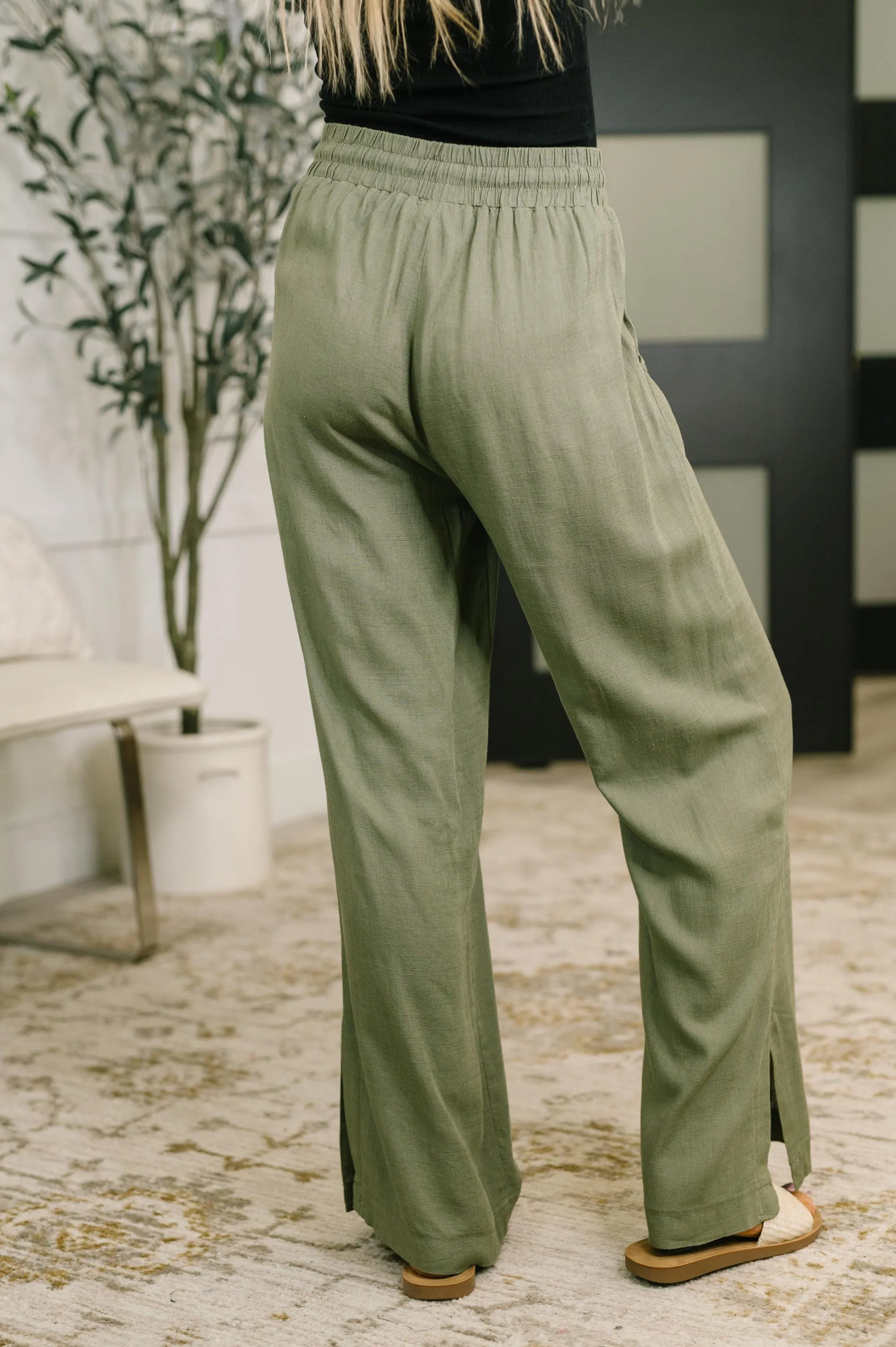 Straight Leg Lounge Linen Pants in Light in Olive — view 5