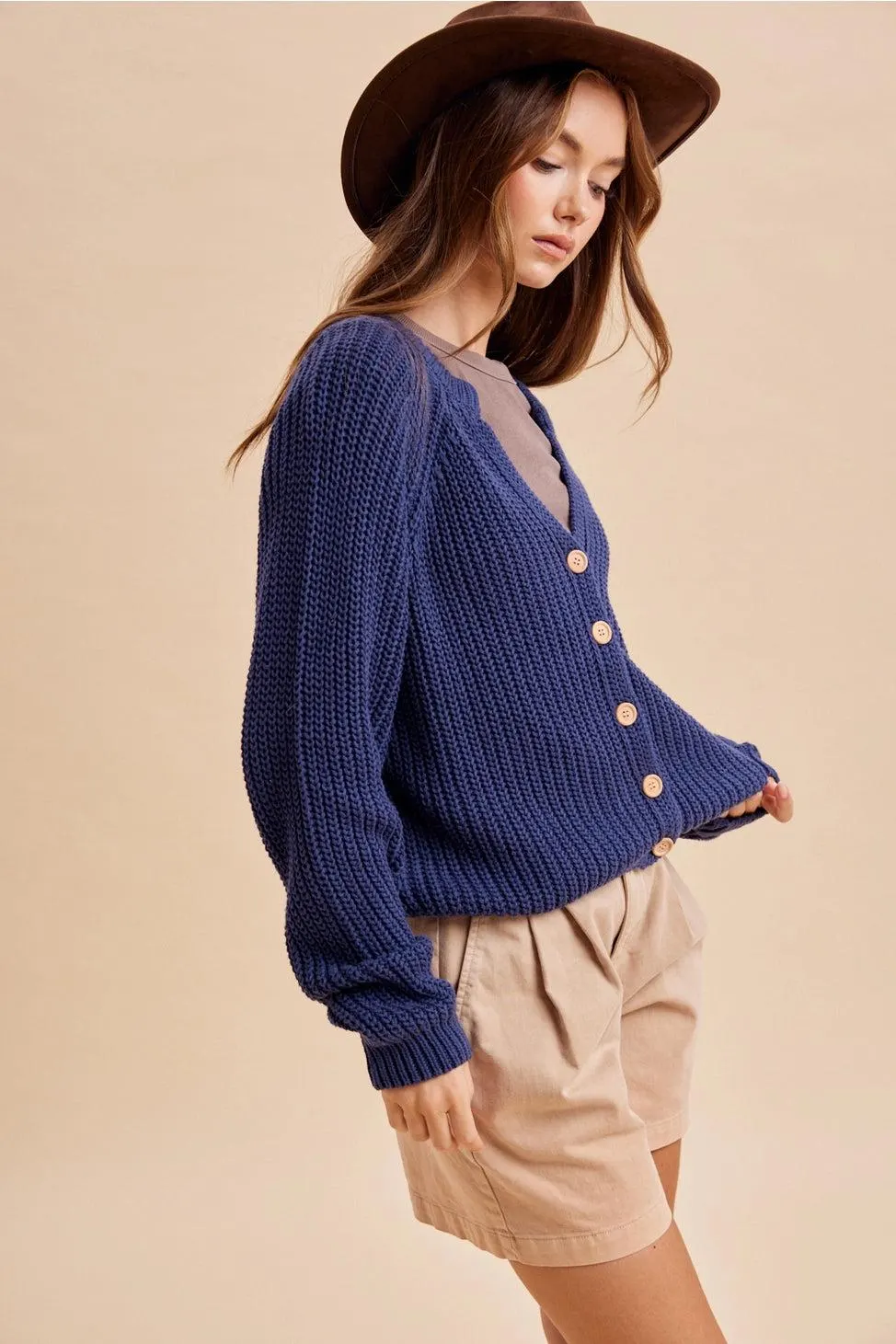 Autumn Harvest Chunky Knit Cotton Cardigan in Heritage Blue — view 4