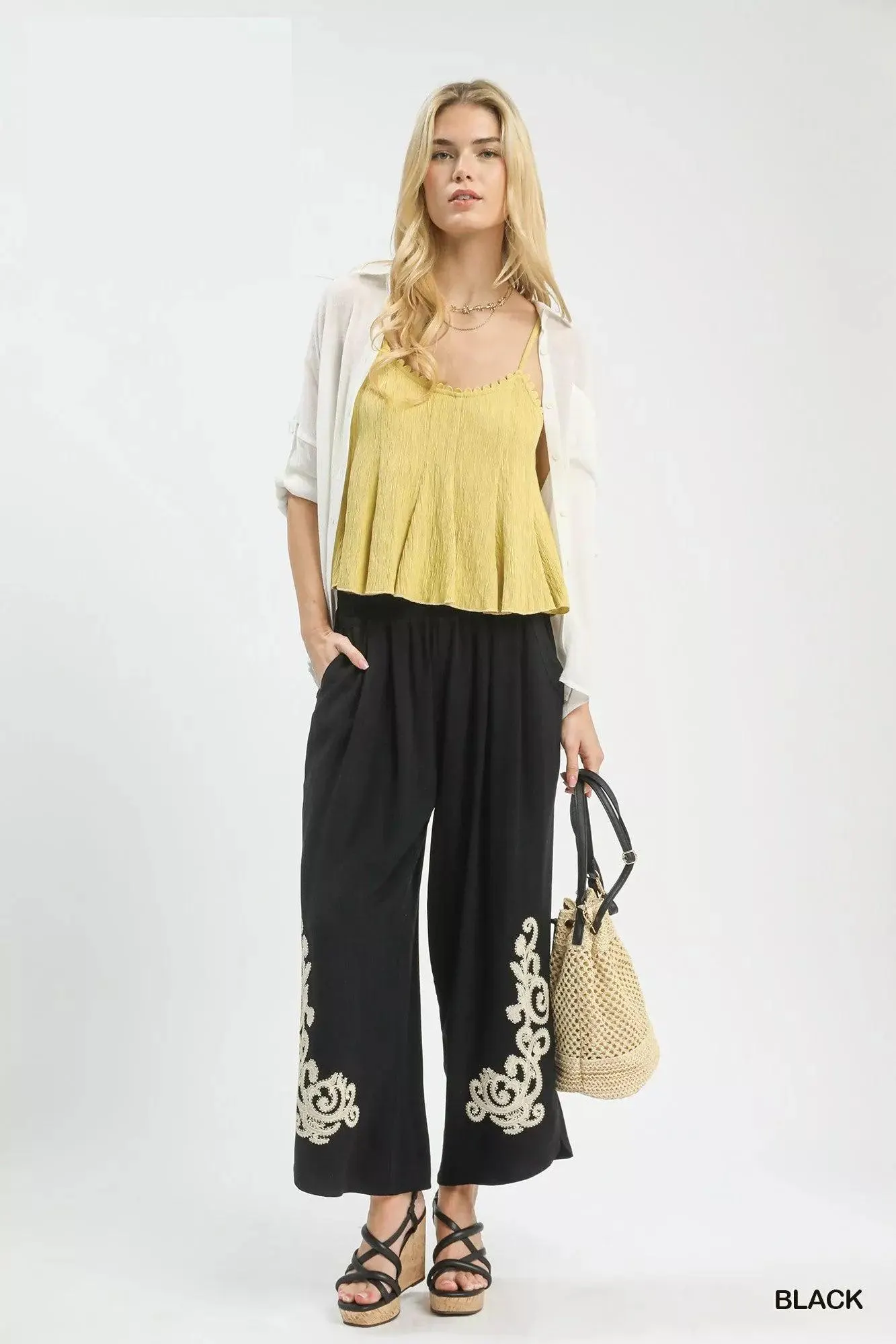 Midnight Linen Embroidered Wide Leg Pants — view 4