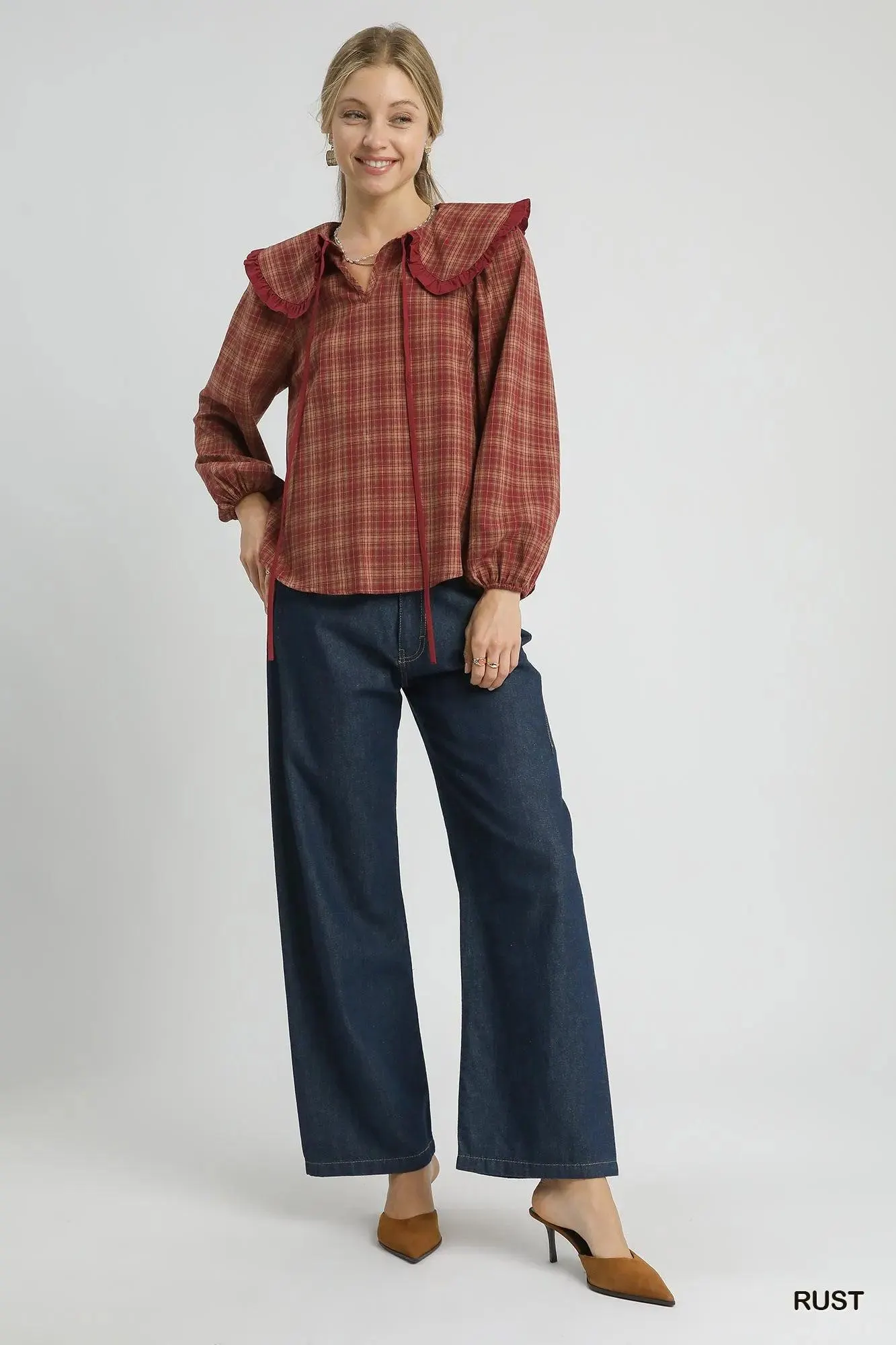 Cider Season Plaid Ruffle Collar Cotton Blouse Vintage — view 4