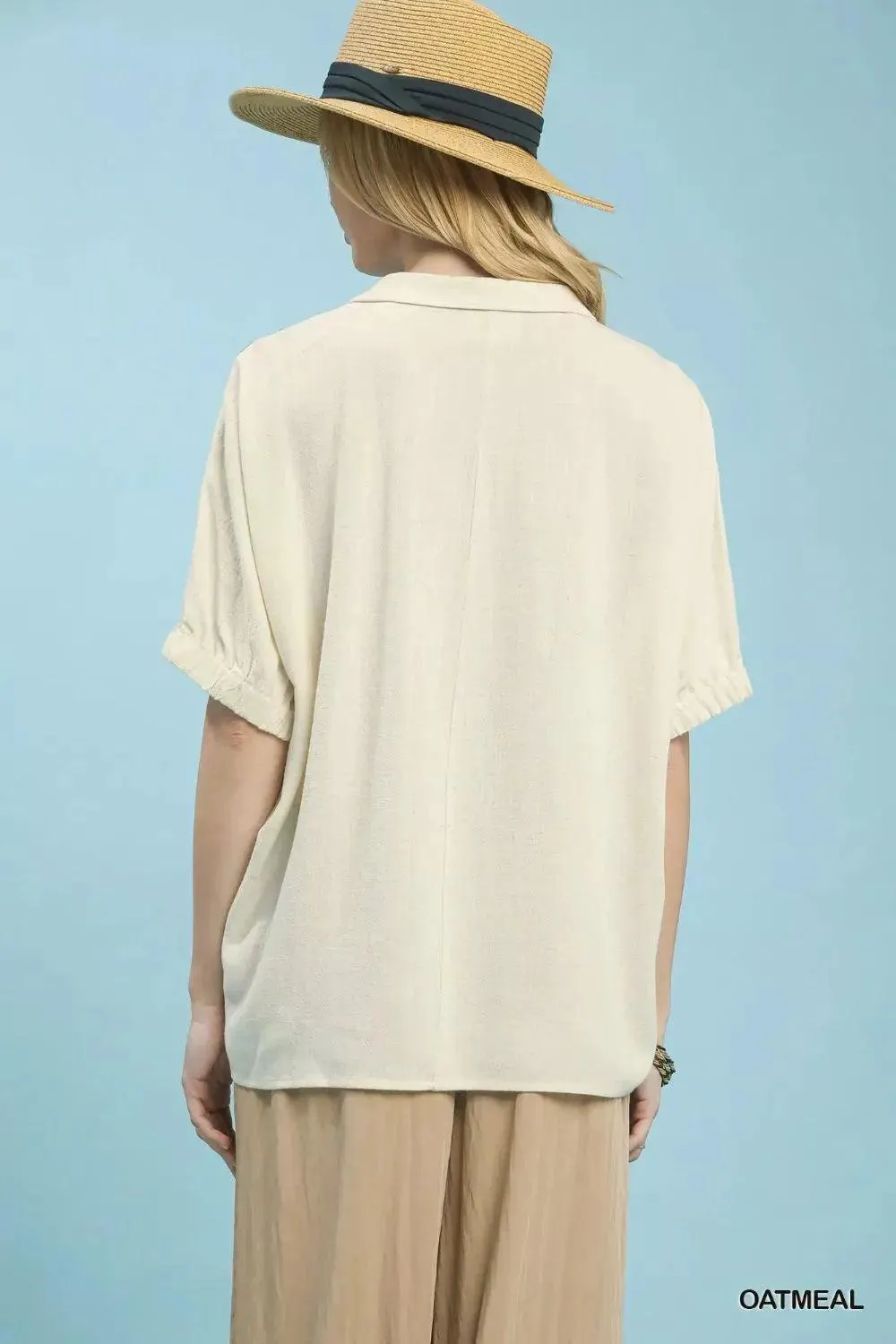 Timeless Linen Embroidered Sleeve Oversized Blouse — view 3