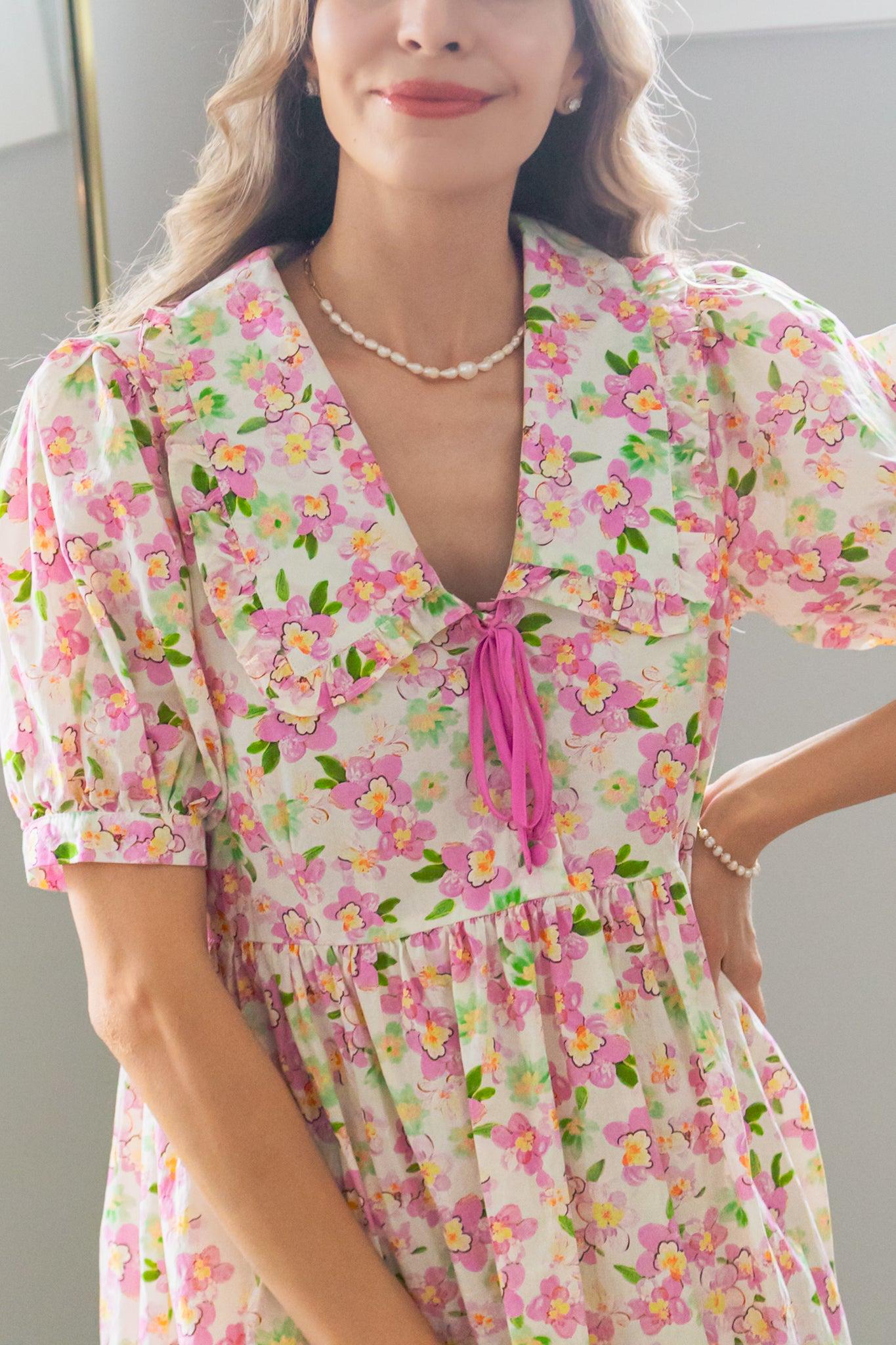 Cherry Blossom Peter Pan Collar Cotton Dress in Blush — view 13