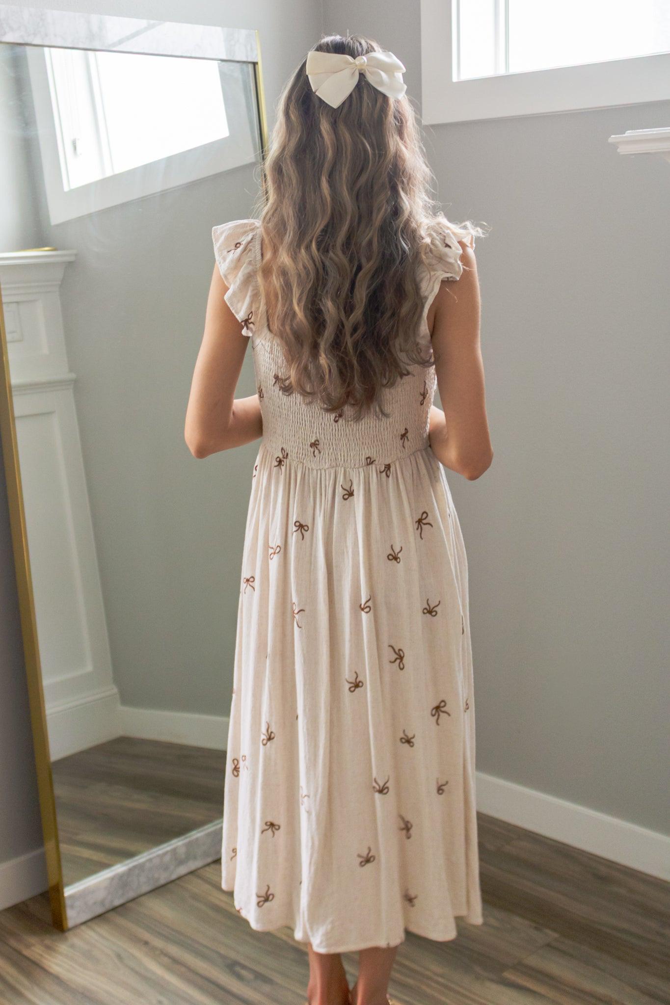 Secret Diary Linen Bow Midi Dress in Beige — view 8