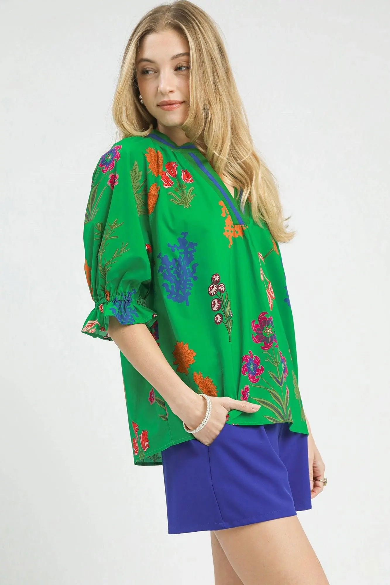 Paradise Garden Floral Split Neck Puff Sleeve Top — view 2