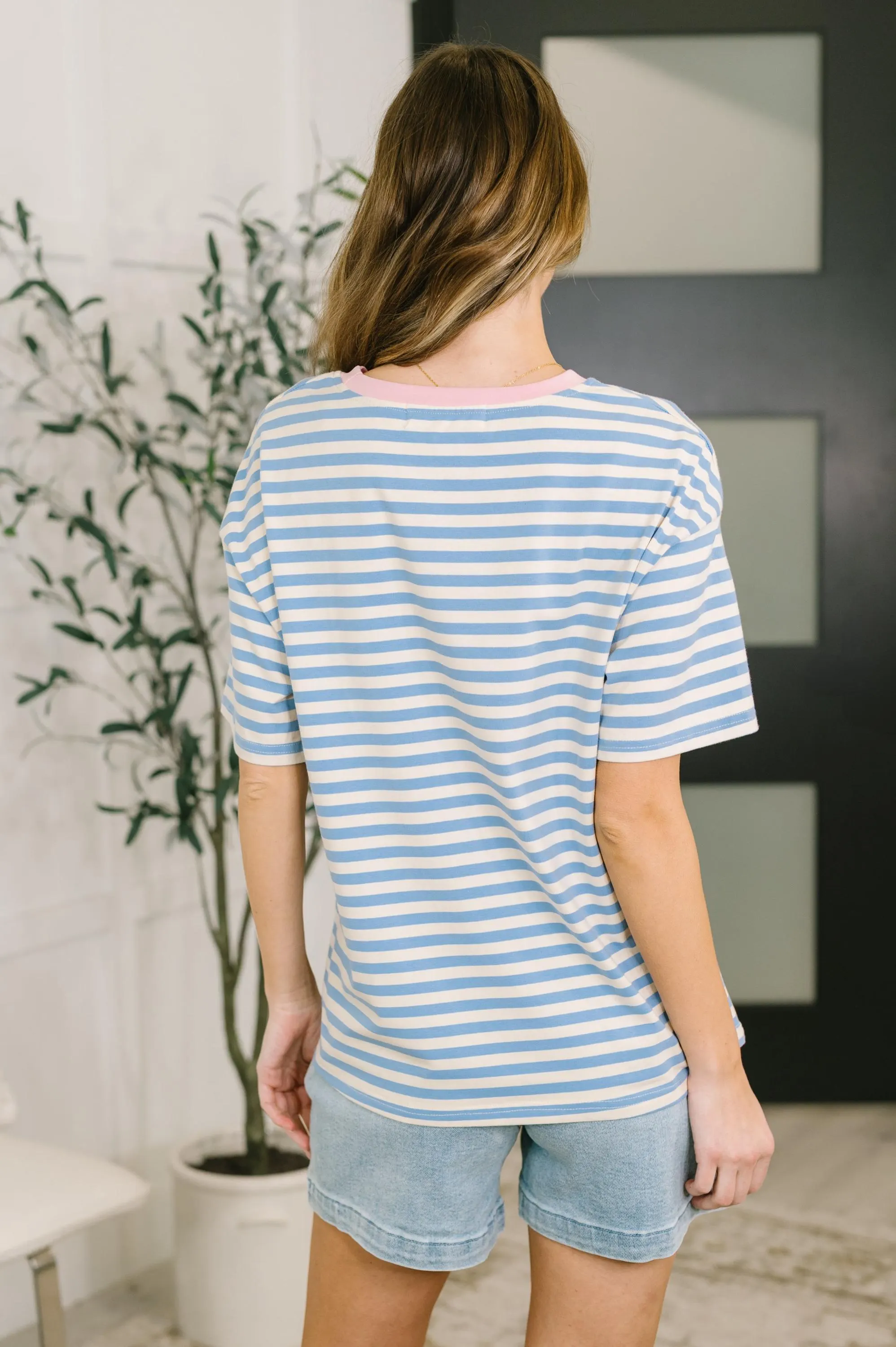 I Think I'm in Love Round Neck Loose Tee in Blue and Pink — view 5