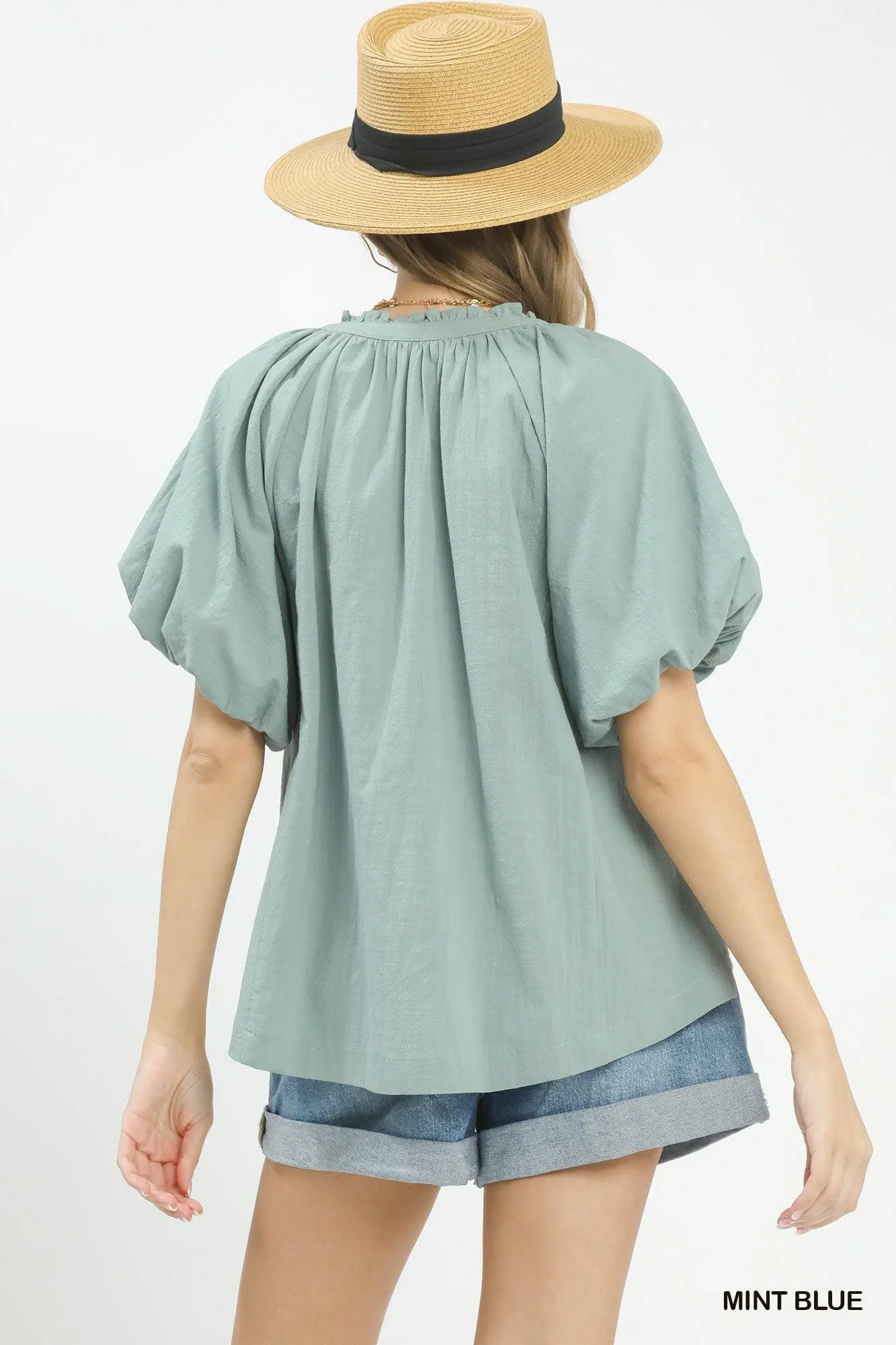 Sweet Mint Lace Puffy Sleeve Cotton Blouse — view 3
