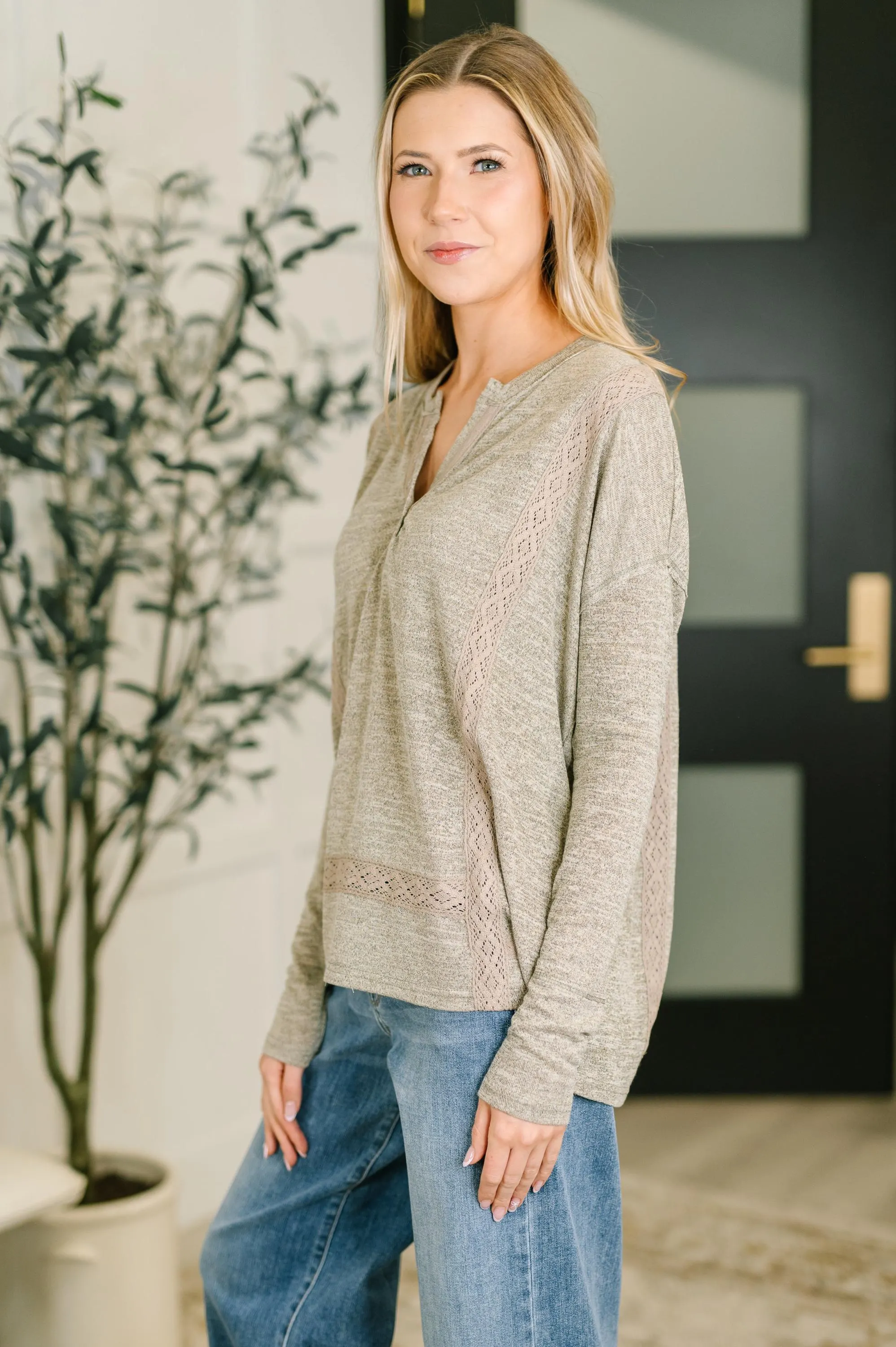 Never Been so Sure Lace Accent Henley Top in Taupe — view 4