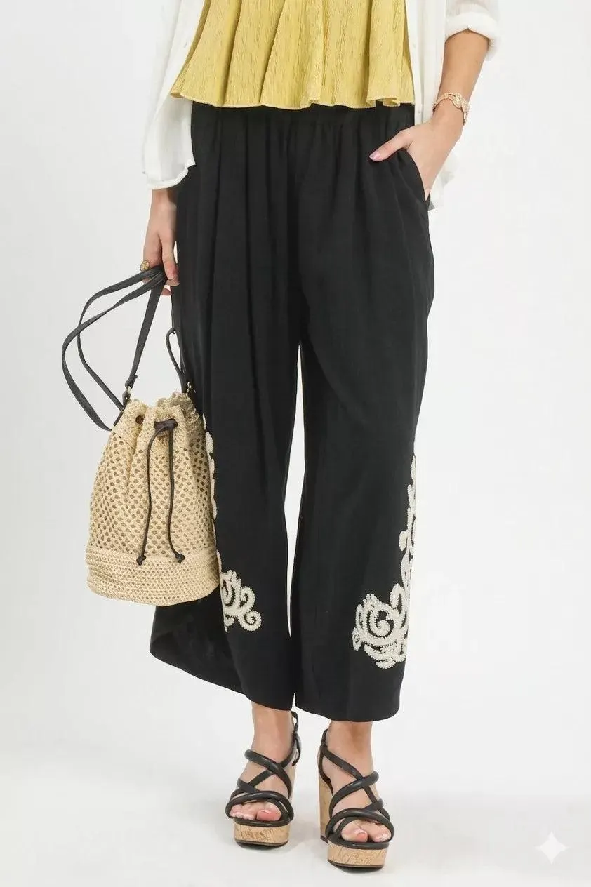Midnight Linen Embroidered Wide Leg Pants