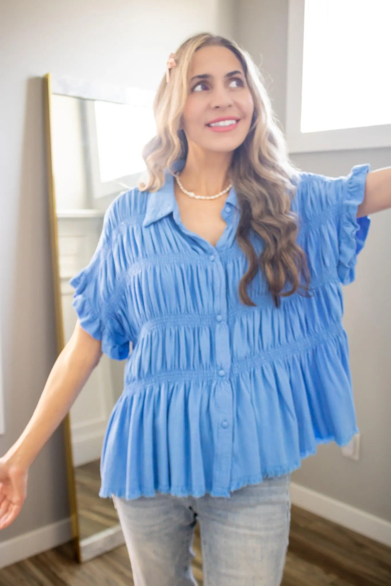 Petunia Washed Linen Smocked Babydoll Top — view 4
