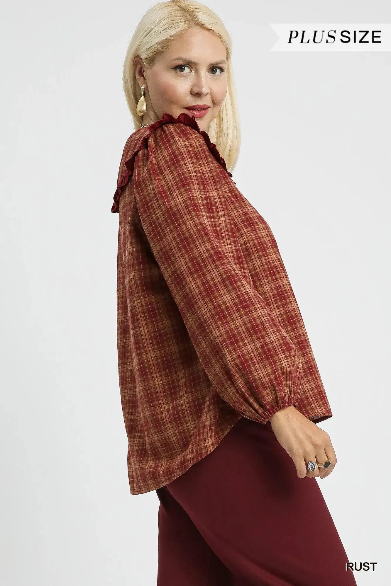Cider Season Plaid Ruffle Collar Cotton Blouse Vintage — view 9