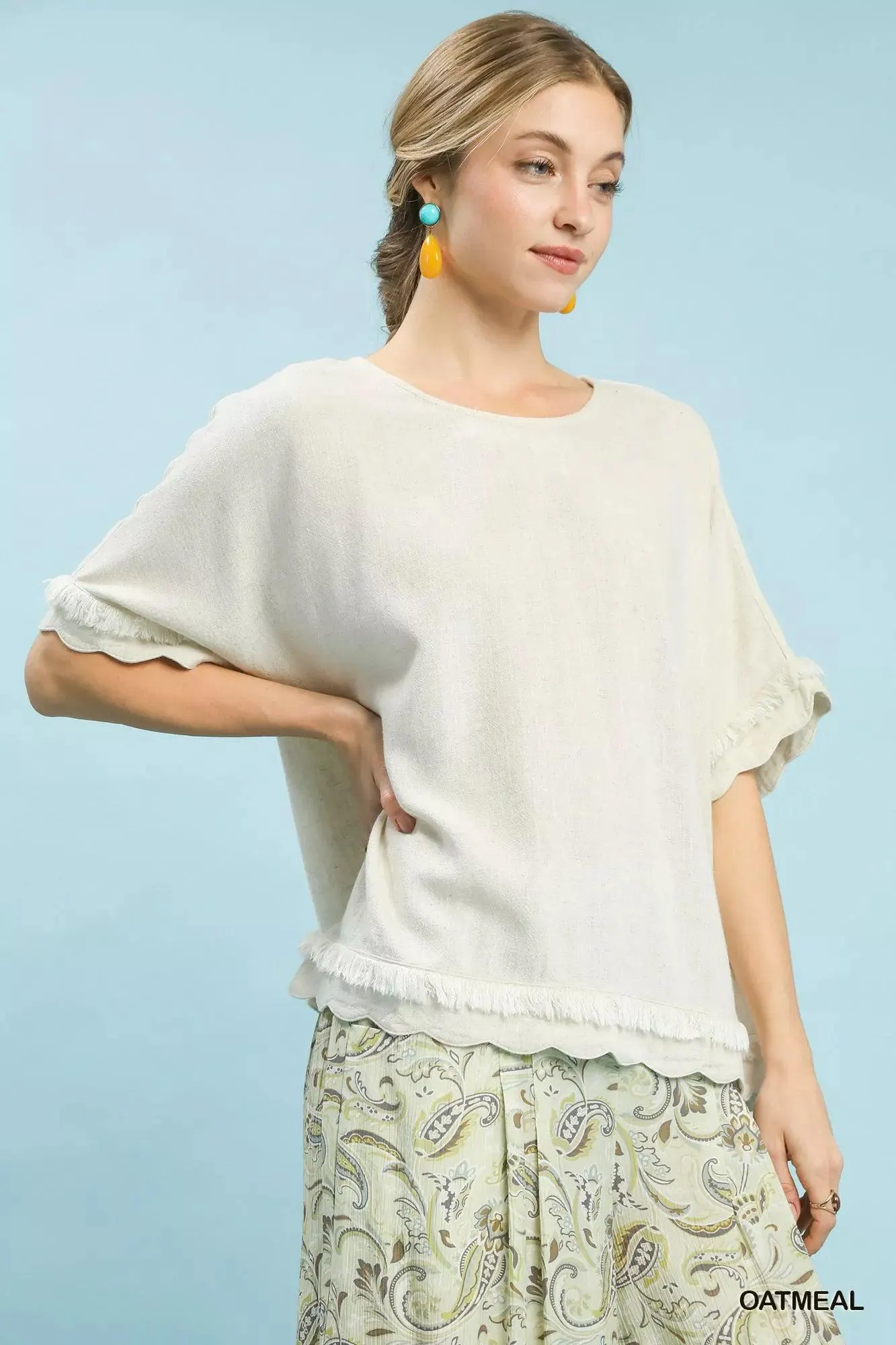 Oceanside Linen Frayed Hem Scallop Top — view 3
