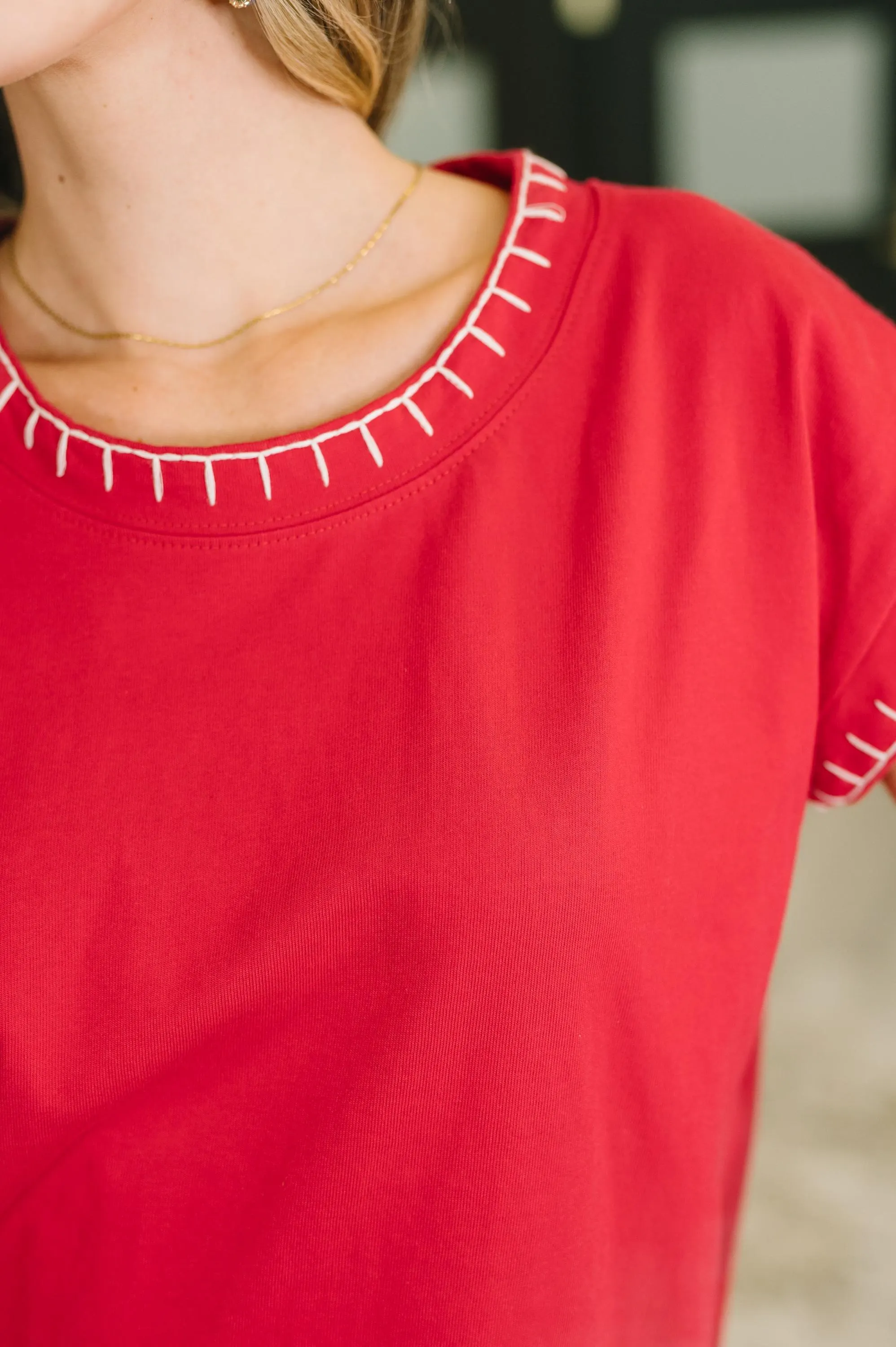 Little Details Cotton Top in Ruby — view 2