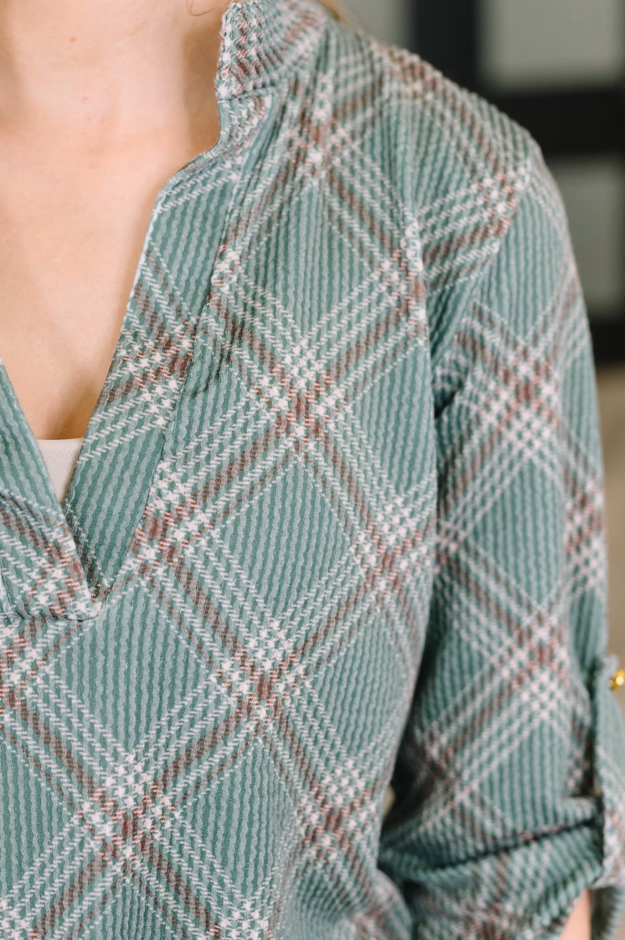 Preppy Plaid Fall so It Goes Split Neck Autumn Top — view 2