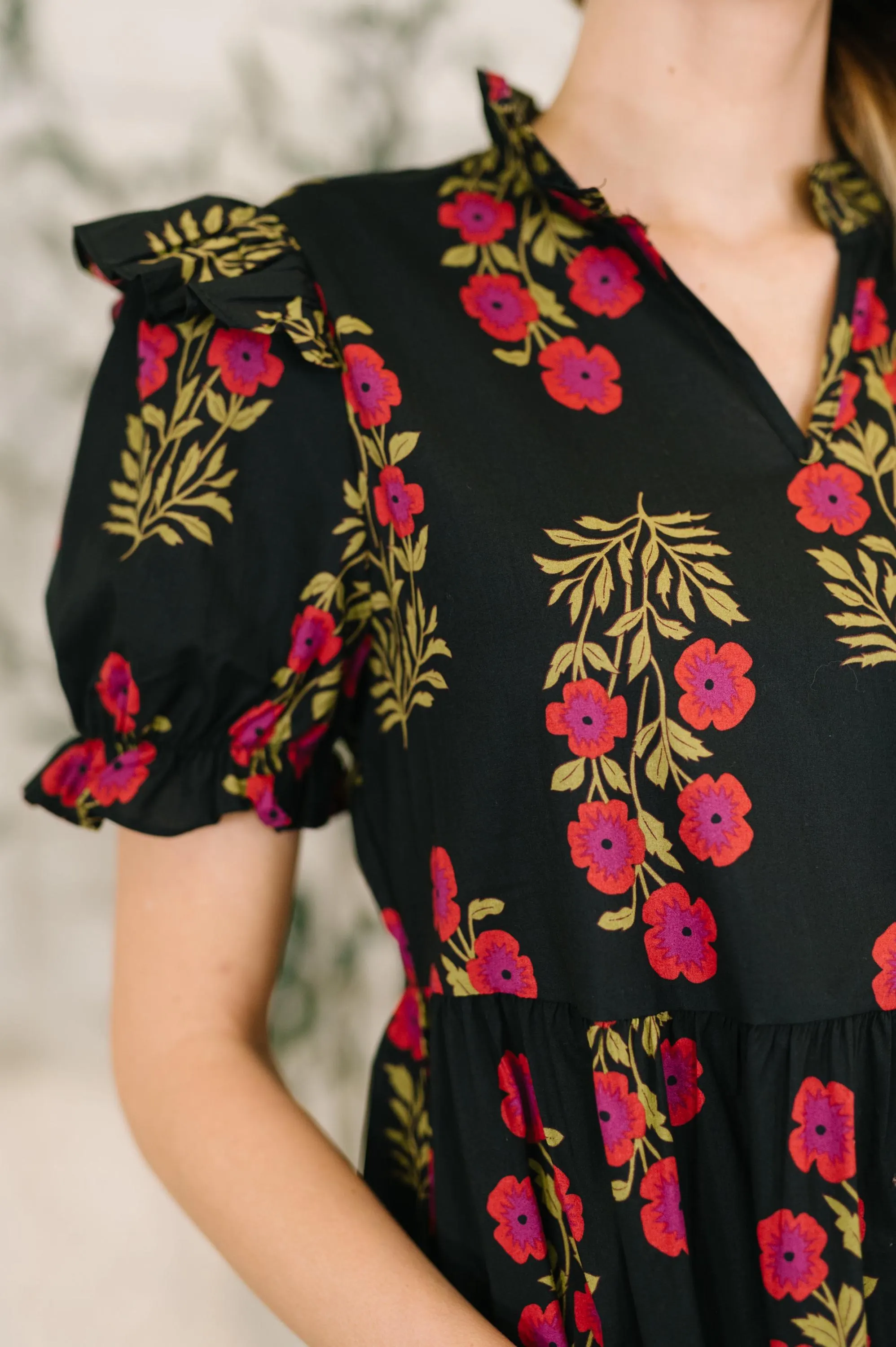 Quiet Life Notch Neck Tiered Cotton Dress in Black — view 3
