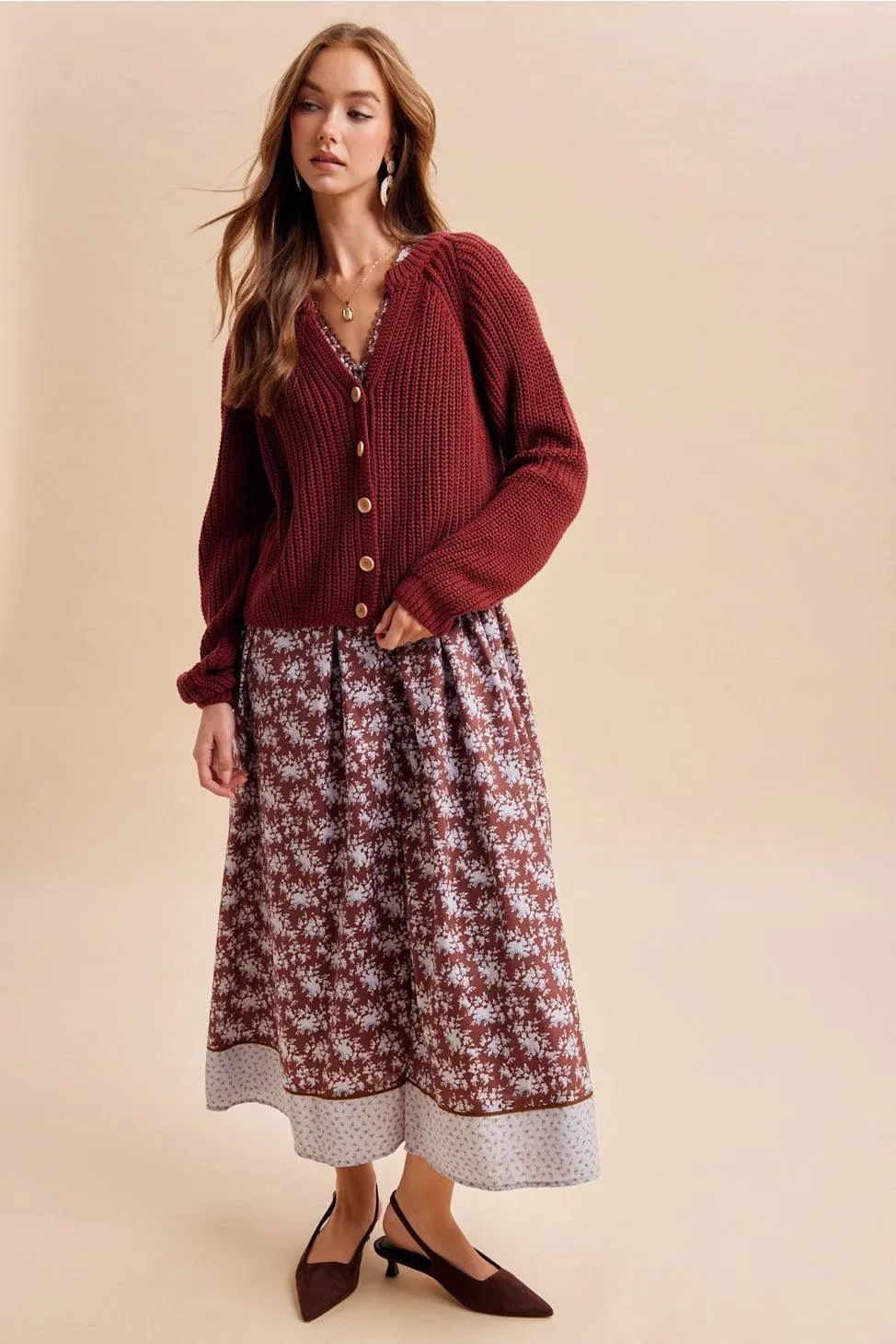 Autumn Harvest Chunky Knit Cotton Cardigan in Wine — view 5