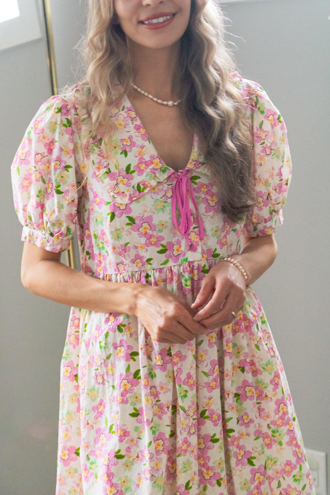 Cherry Blossom Peter Pan Collar Cotton Dress in Blush — view 15