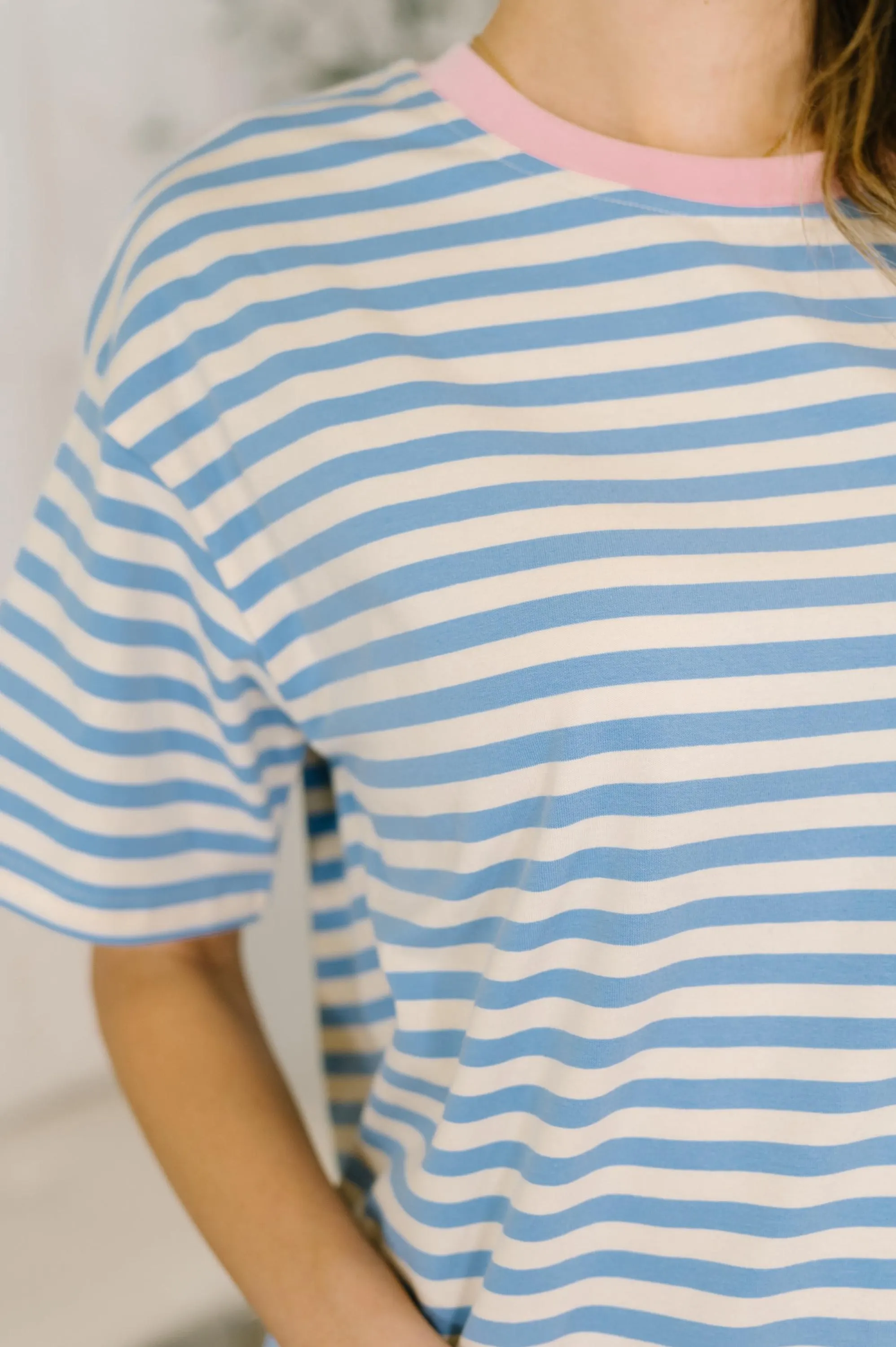 I Think I'm in Love Round Neck Loose Tee in Blue and Pink — view 2