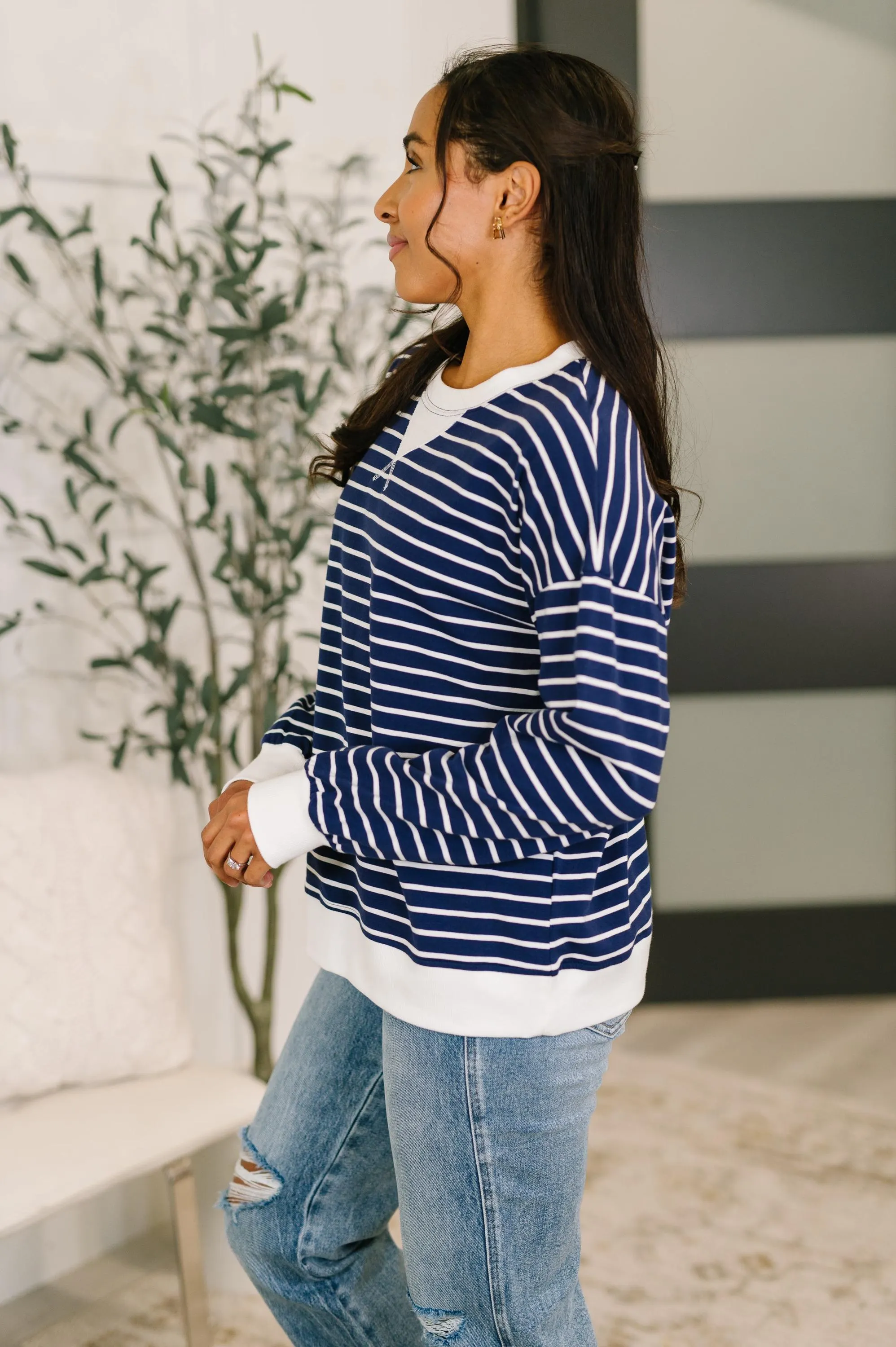 Almost Therapeutic Drop Shoulder Pullover in Navy — view 5