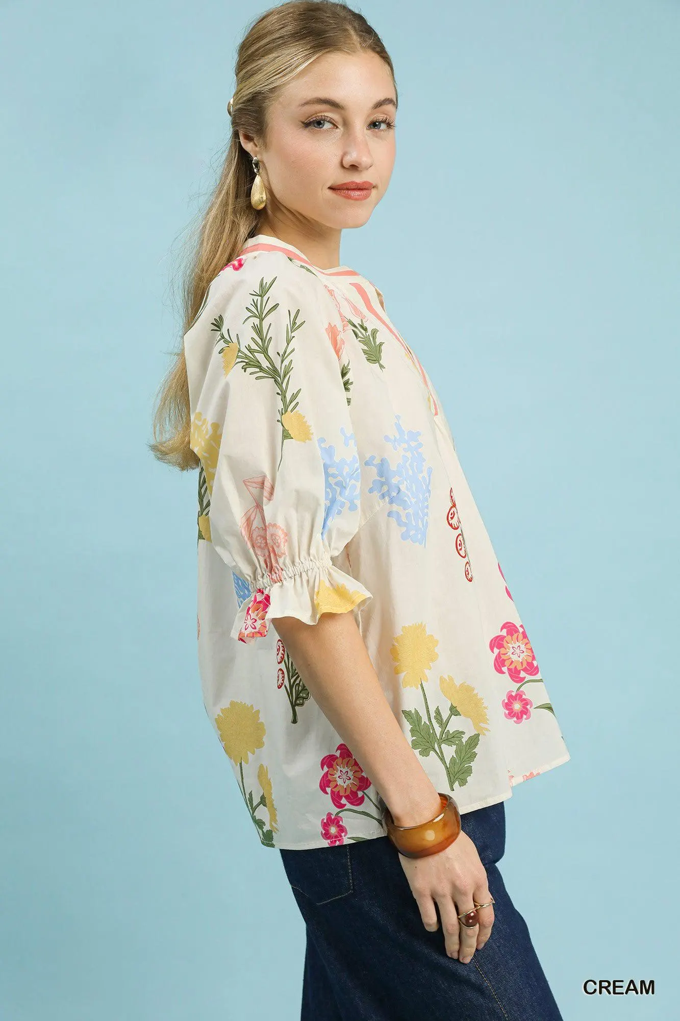 Fairytale Floral Puffy Sleeve Cotton Top — view 4