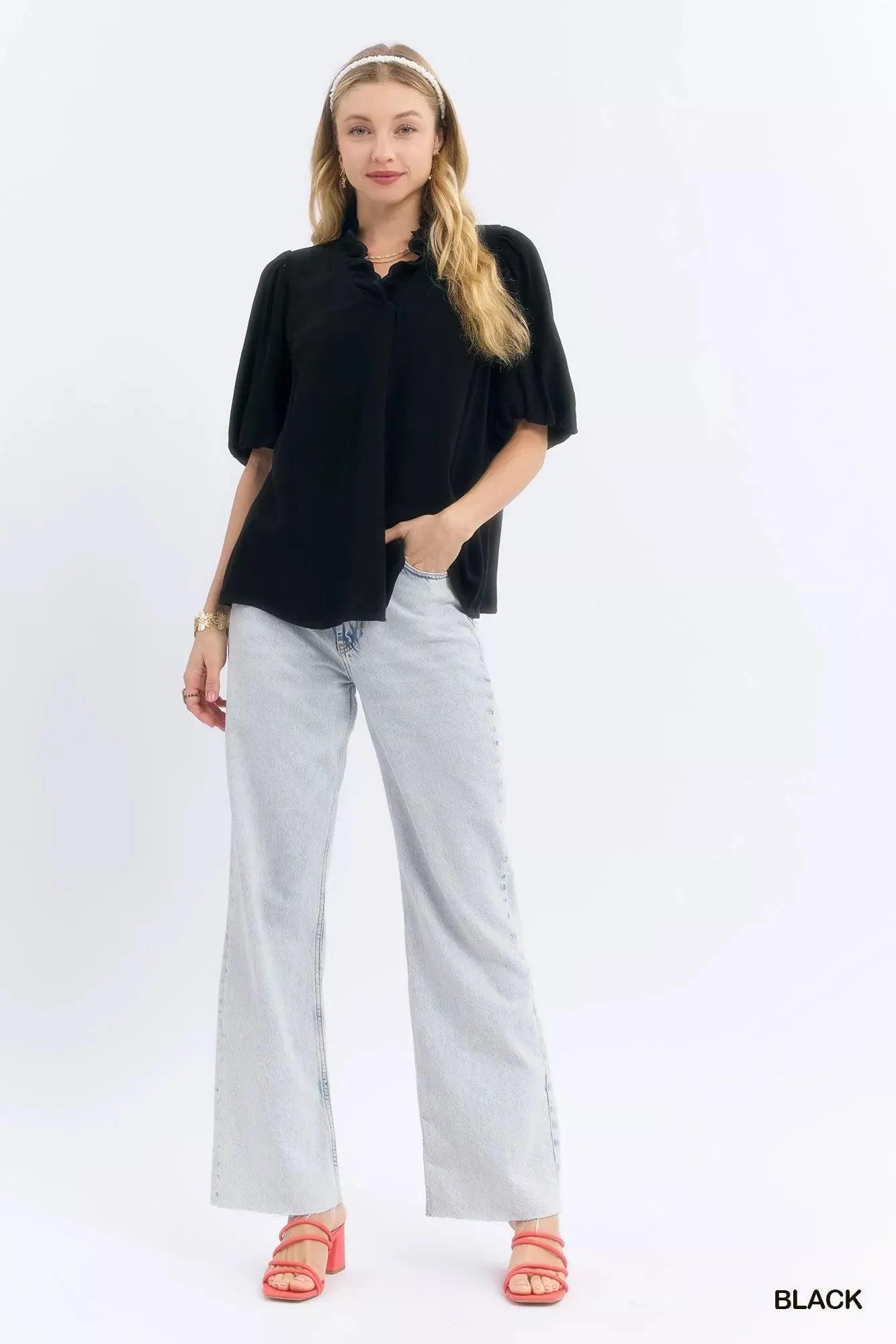 Heirloom Linen Cotton Scallop Blouse in Black — view 4