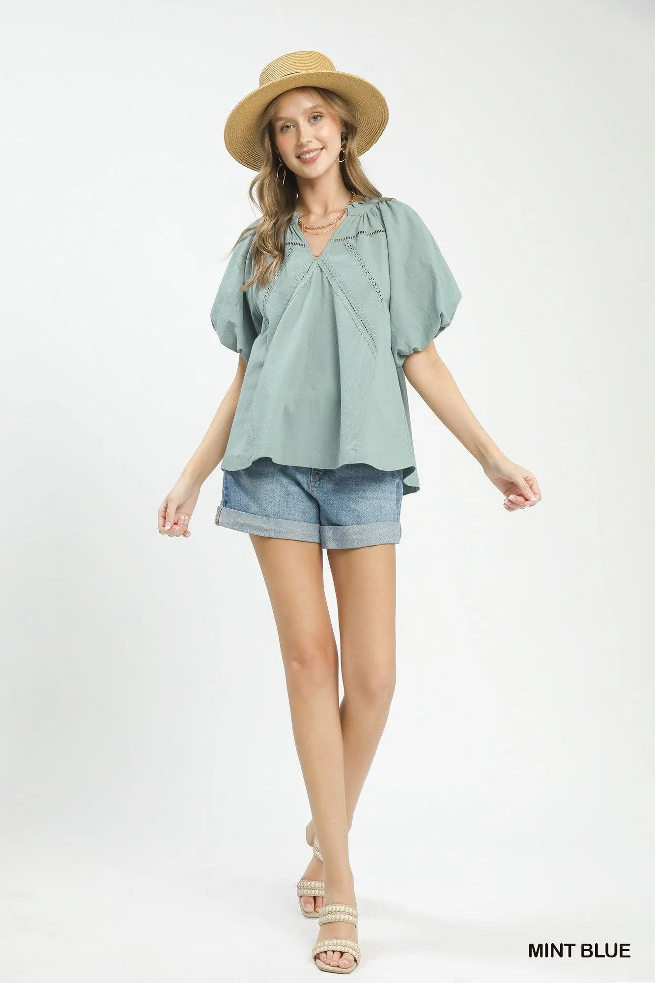 Sweet Mint Lace Puffy Sleeve Cotton Blouse — view 5