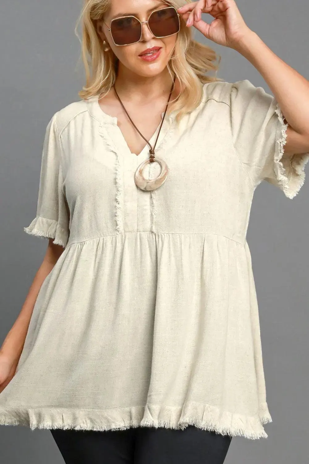 Dreamy Days Raw Hem Babydoll Linen Blouse — view 2