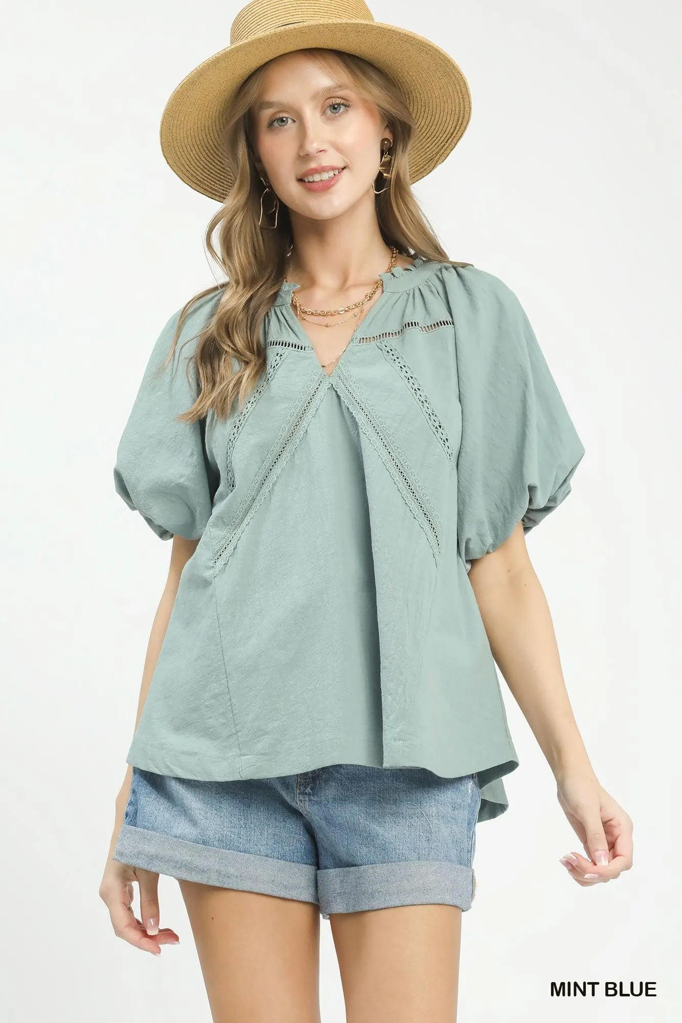 Sweet Mint Lace Puffy Sleeve Cotton Blouse