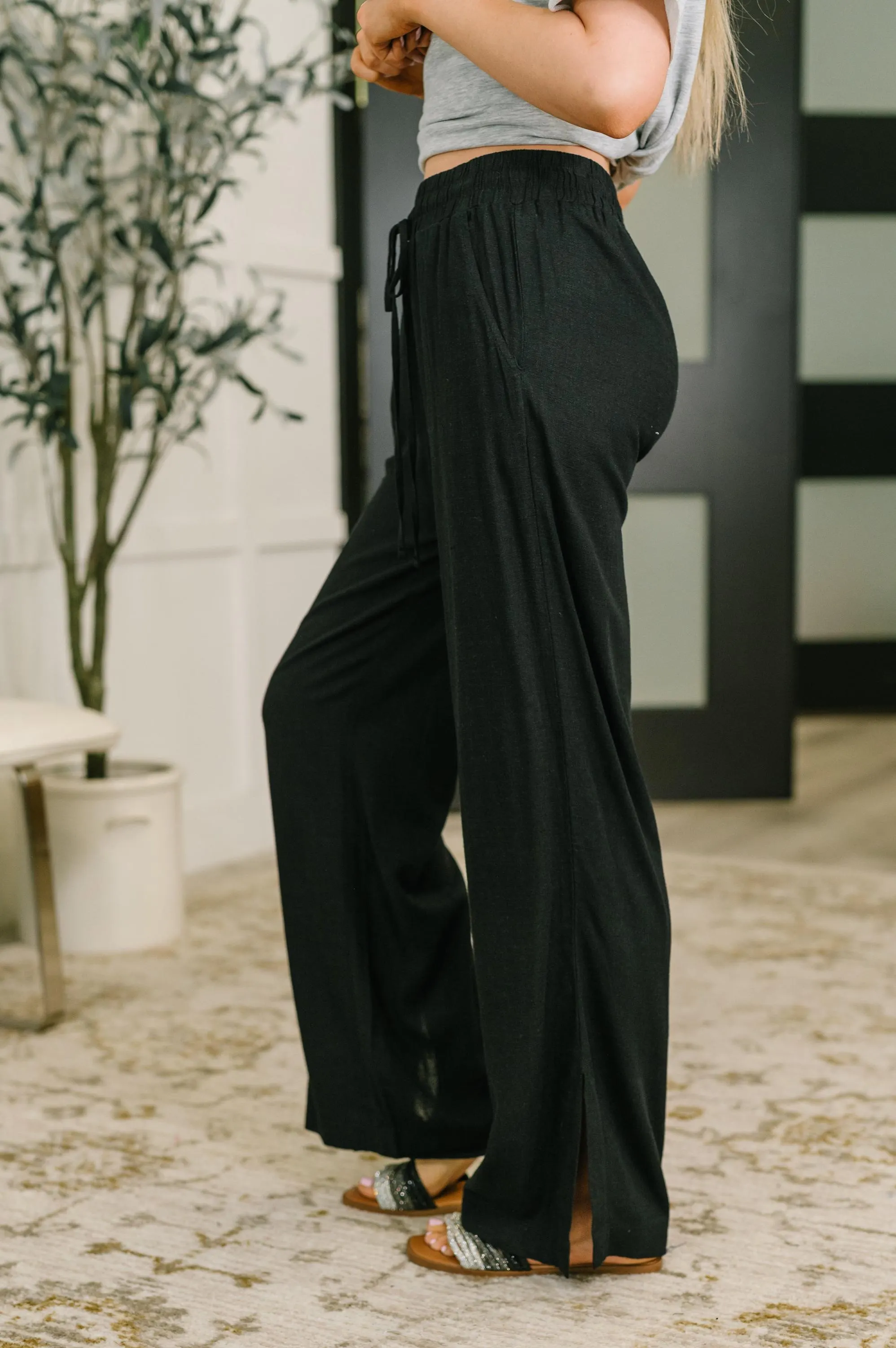 Straight Leg Lounge Linen Pants in Light in Black — view 4