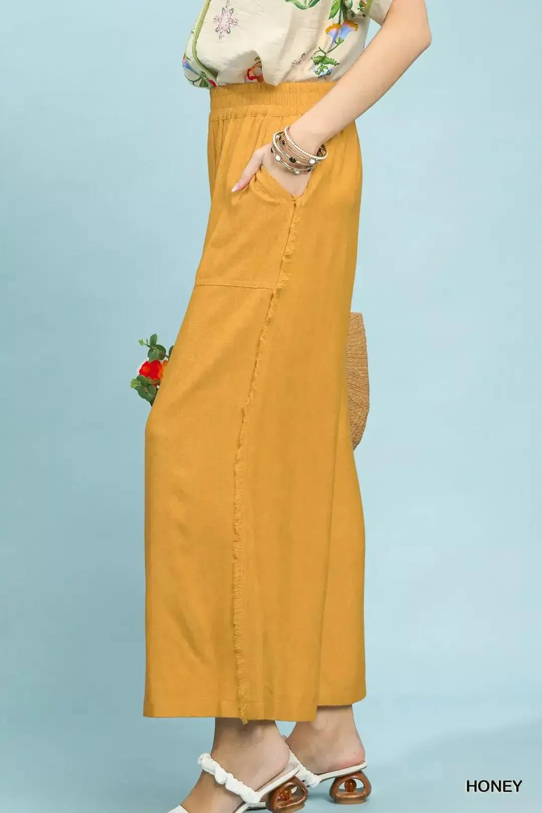Sweet Honey Linen Frayed Side Pocket Wide Leg Pants — view 2