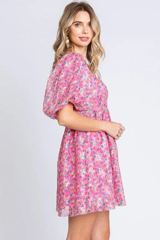 Sequin Swifty Floral Blush Babydoll Dress in Pink — view 7