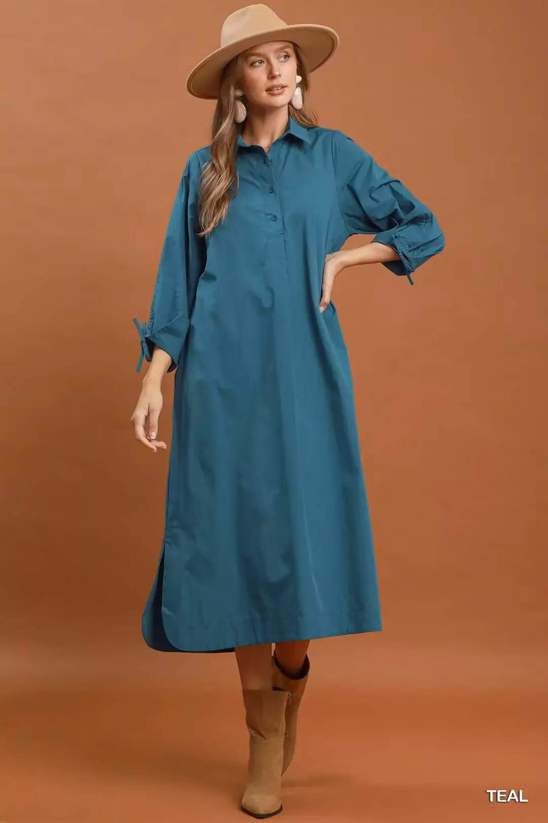 Teal Sky Button Detail Midi Dress